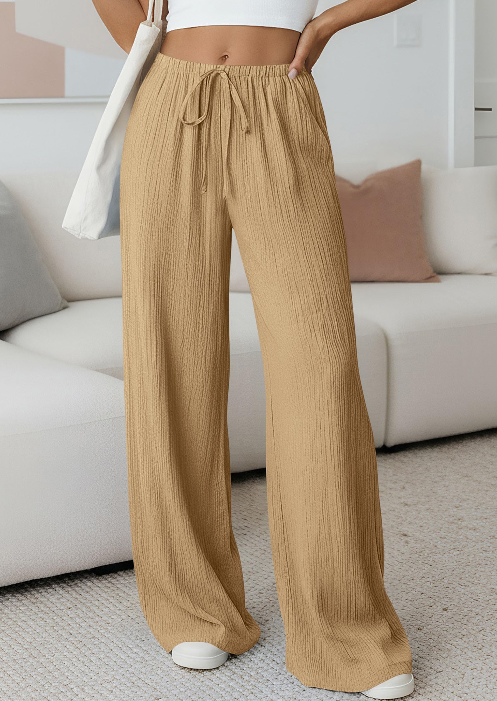 Women's Palazzo Pants Casual Wide Leg Trousers,Khaki,S