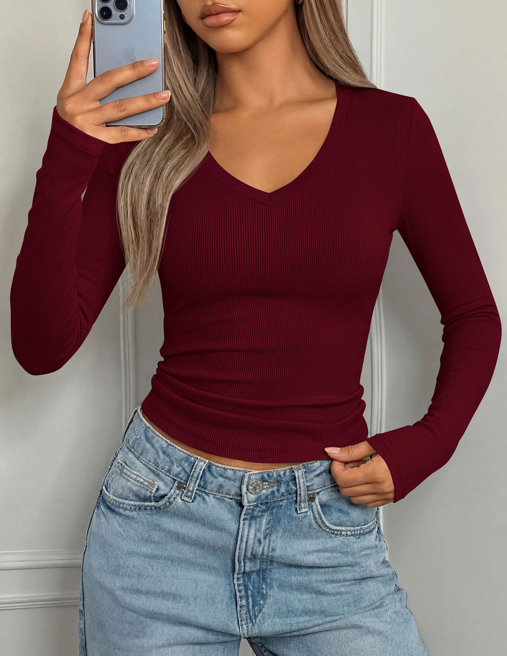 Womens Long Sleeve Ribbed V Neck Knit Shirts(Wine Red,XL)