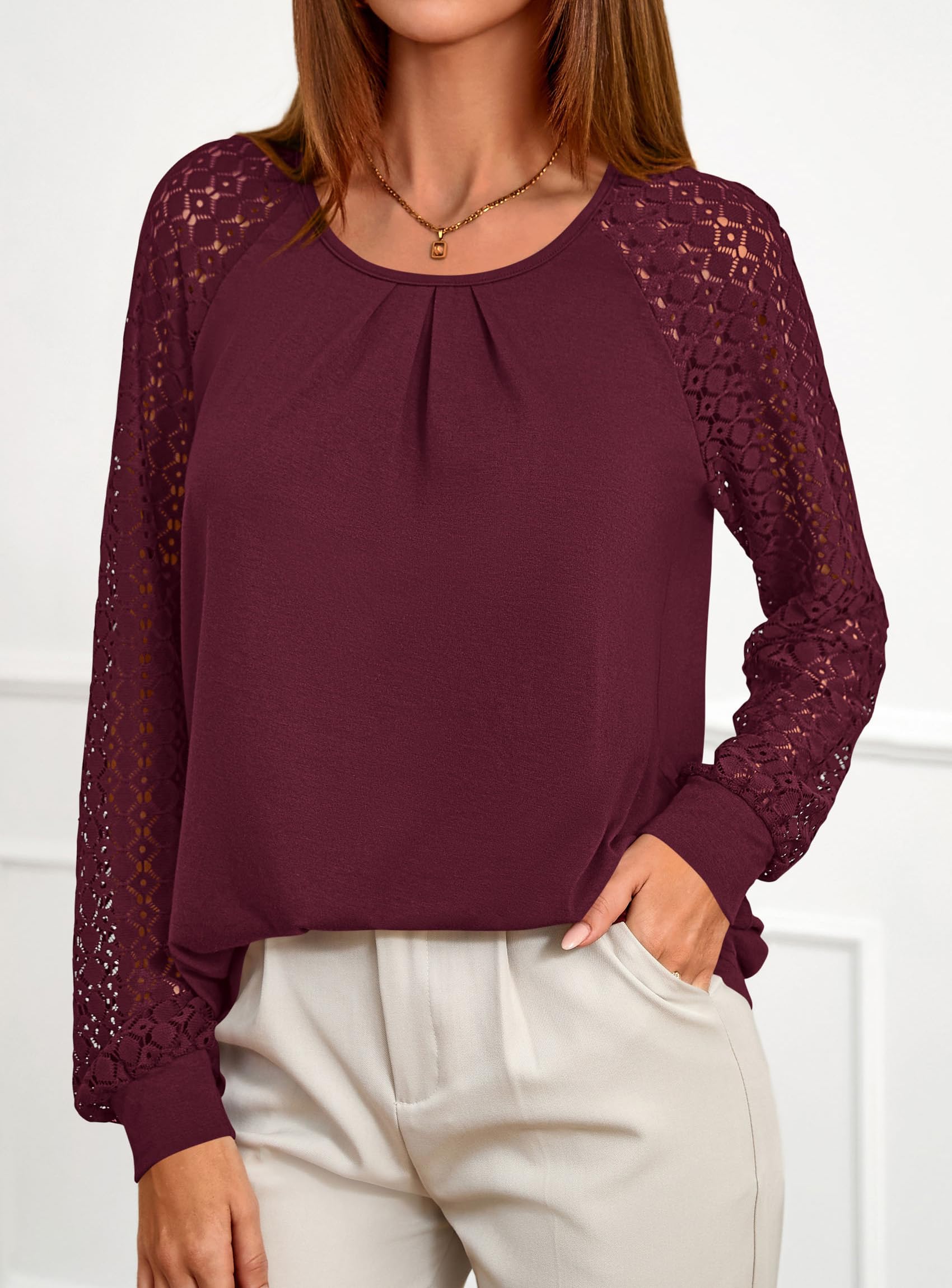 Women's Long Sleeve Shirts Fall Lace Tops,Burgundy,S