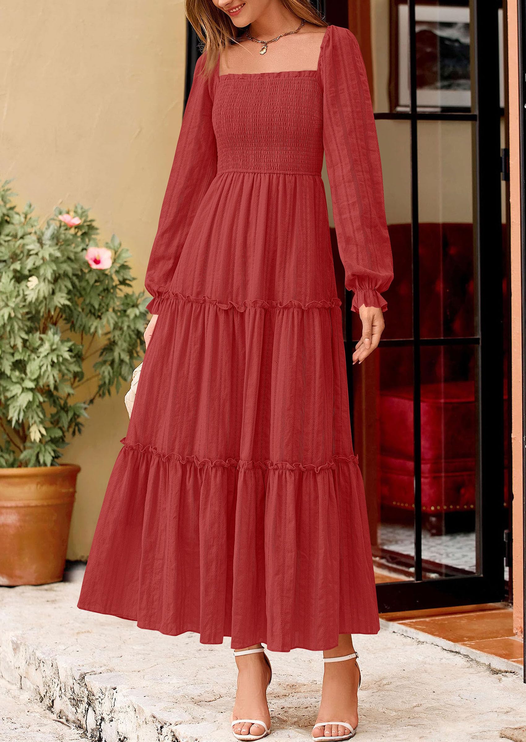 Women's Long Sleeve Ruffle Flowy Maxi Dress,Red,S