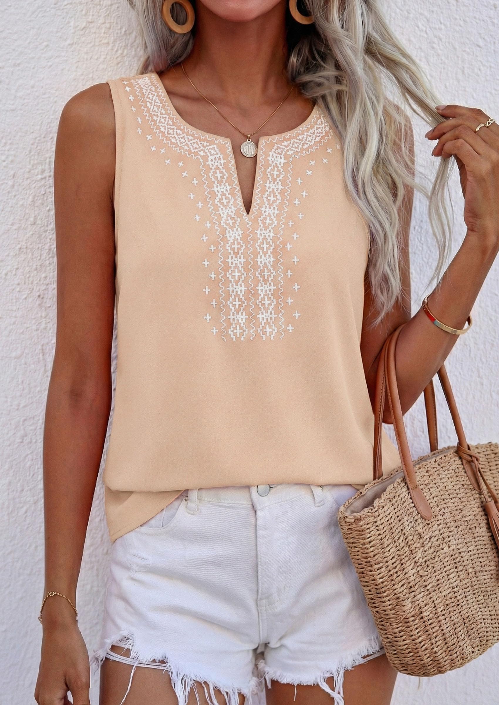 Womens Embroidered Sleeveless Tank Tops Beige,L