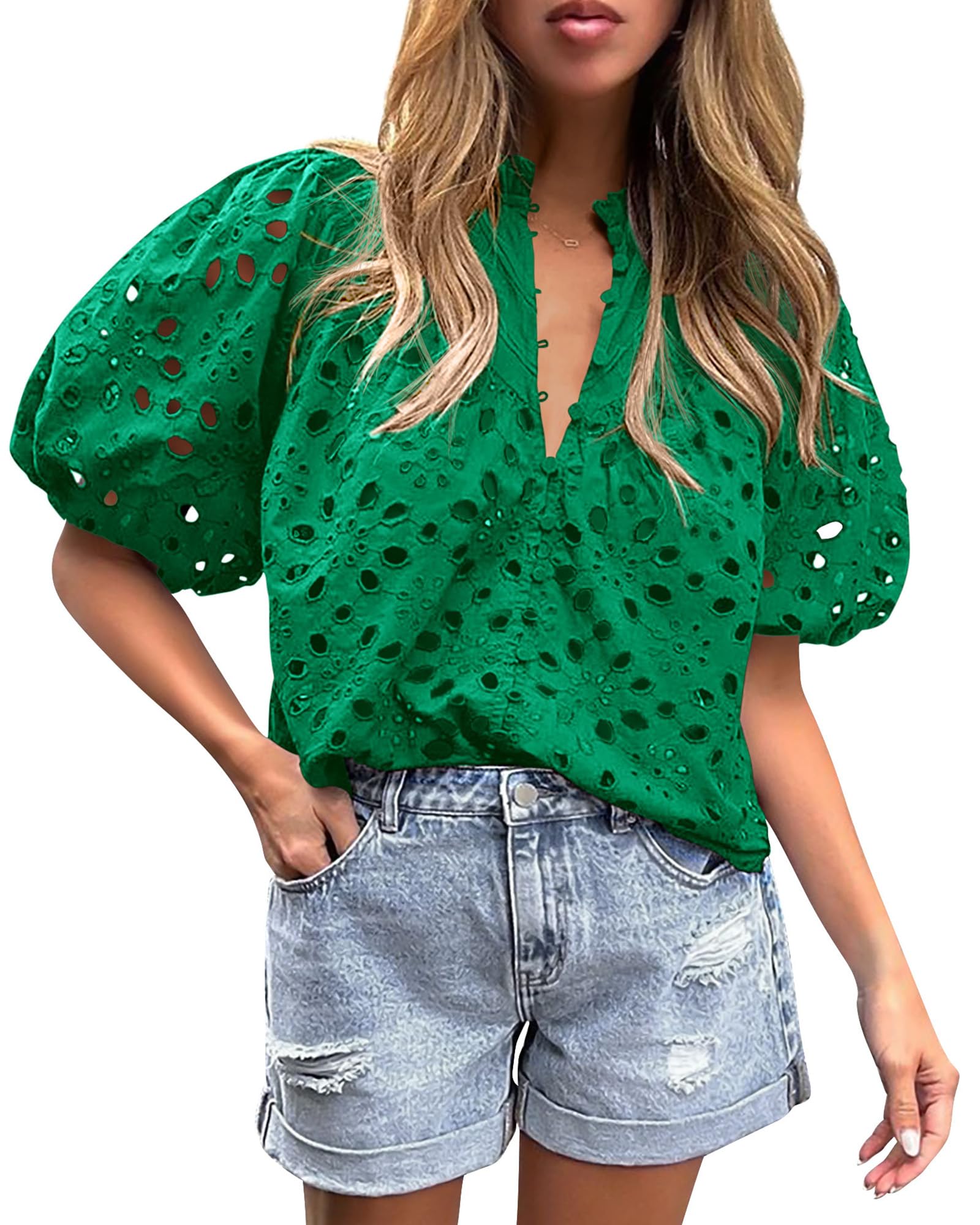 Womens Tops Boho Eyelet Puff Sleeve Blouse, Dark Green,S