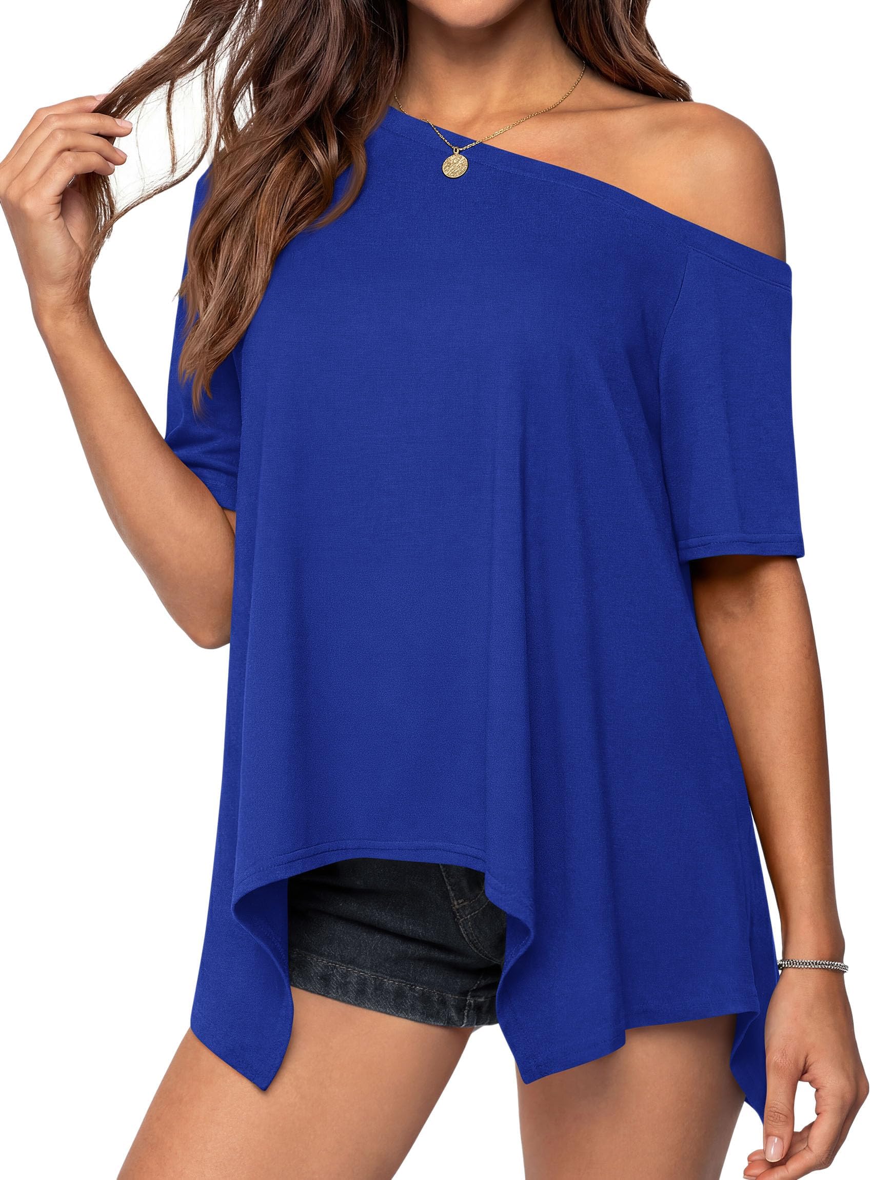 Off Shoulder Tops for Women Oversized Tshirts, Royal Blue,S