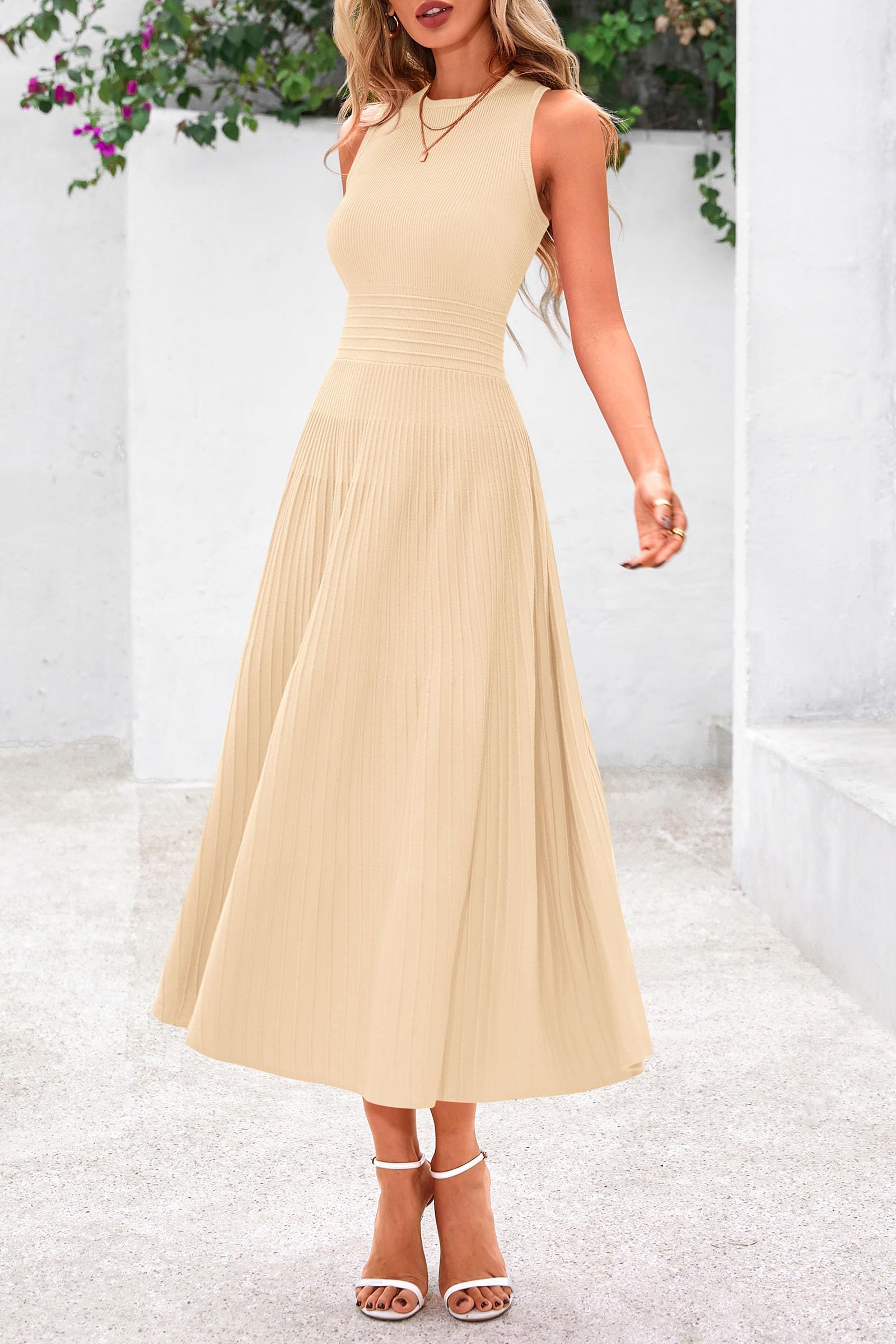 Women's Summer Pleated Midi Work Dress,Apricot,S