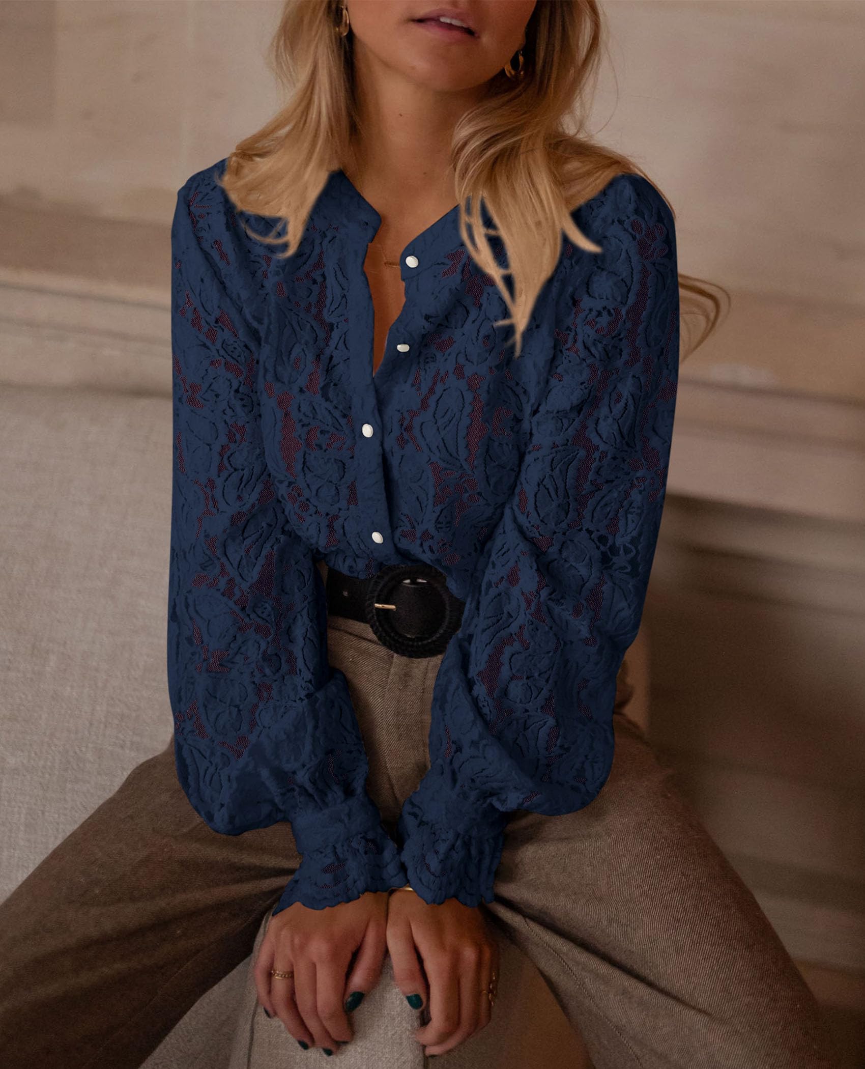 Women's Fall Trendy Long Sleeve Lace Tops(Navy,Small)