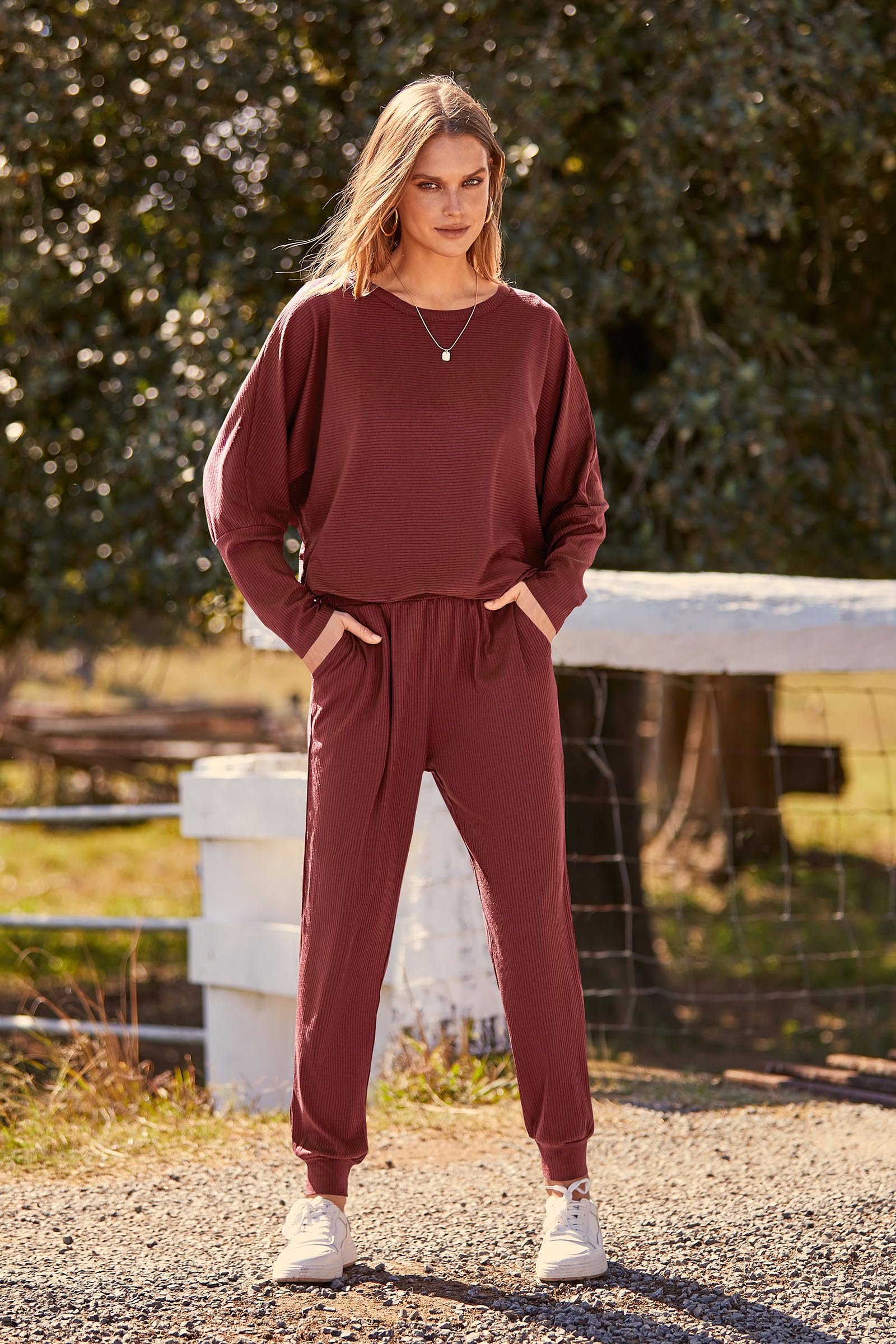 Women's 2 Piece Outfit Matching Lounge Set, Brown Red,S