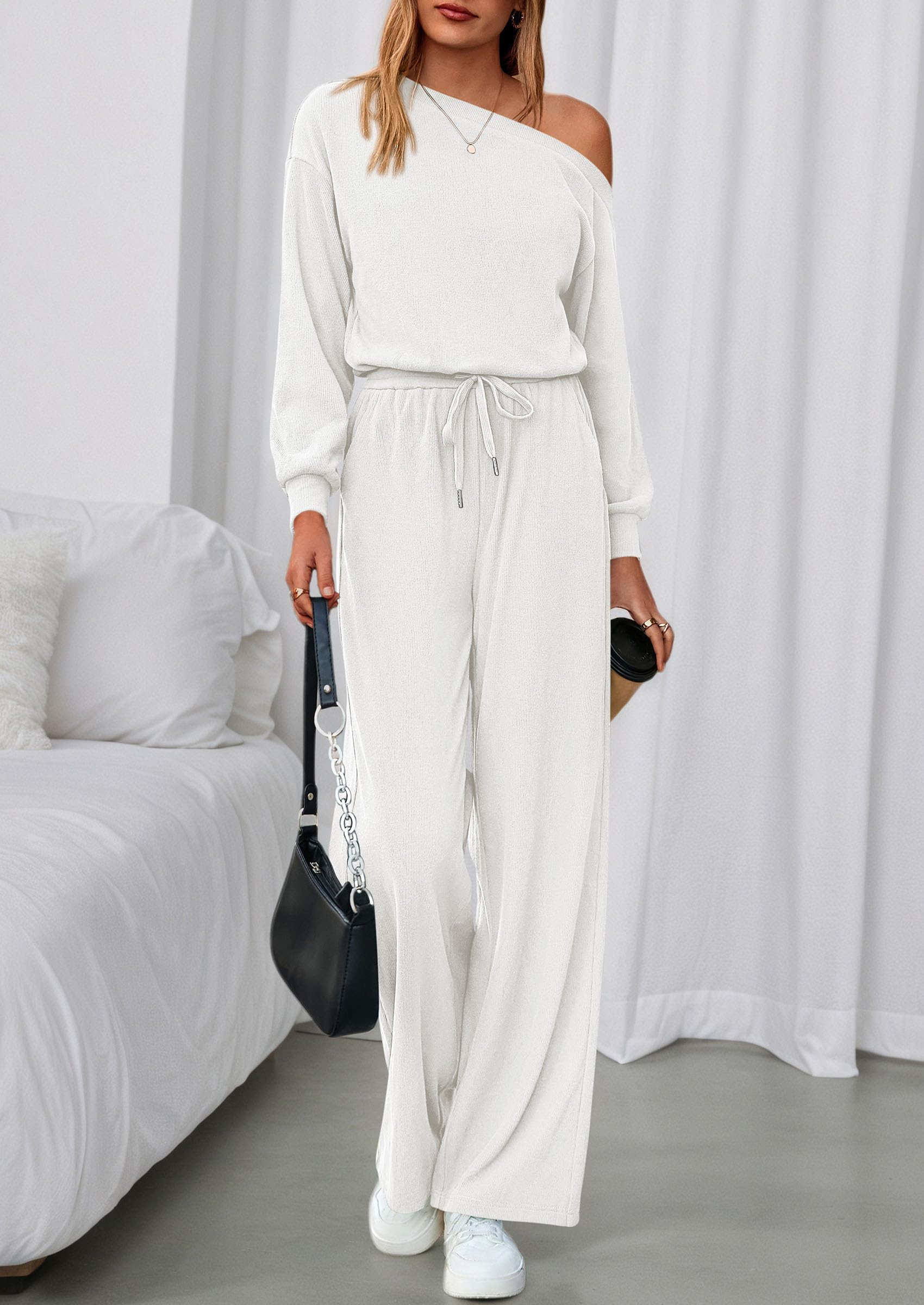 Womens Off Shoulder Long Sleeve Jumpsuit,White,M