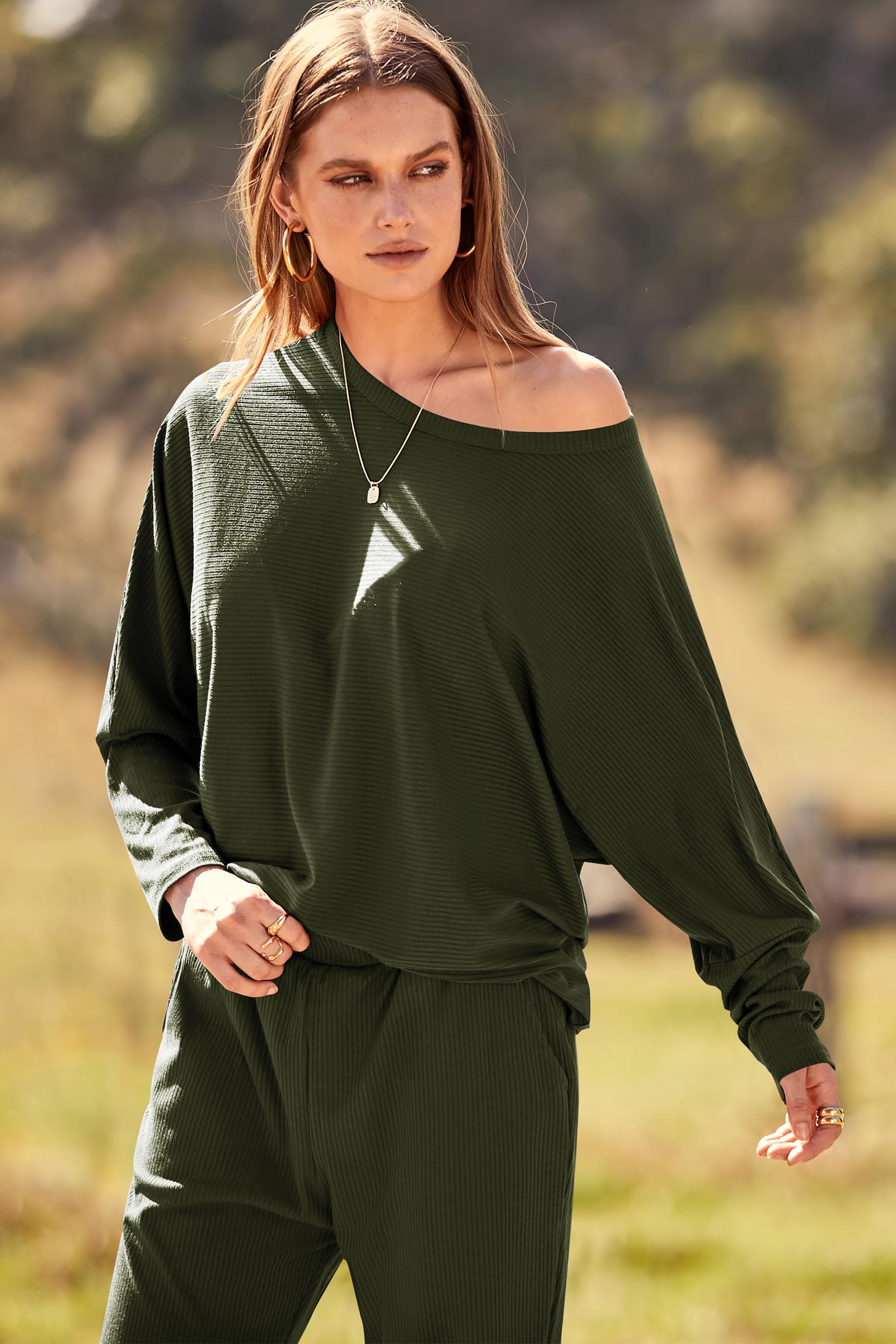 Women's 2 Piece Fall Outfits Matching Ribbed Knit Lounge Sets
