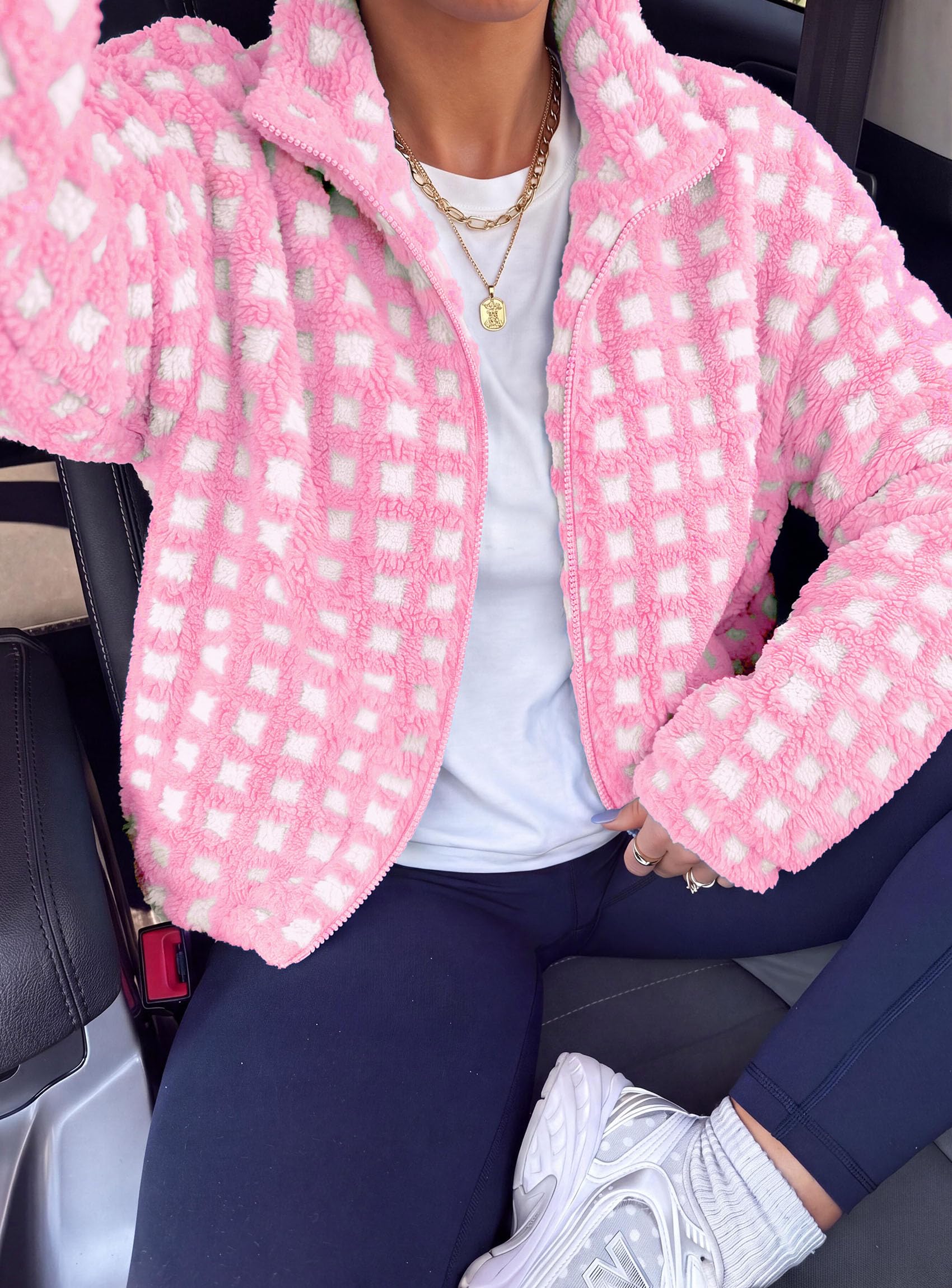 Women's Gingham Sherpa Fleece Jacket Plaid Cropped Teddy Coat