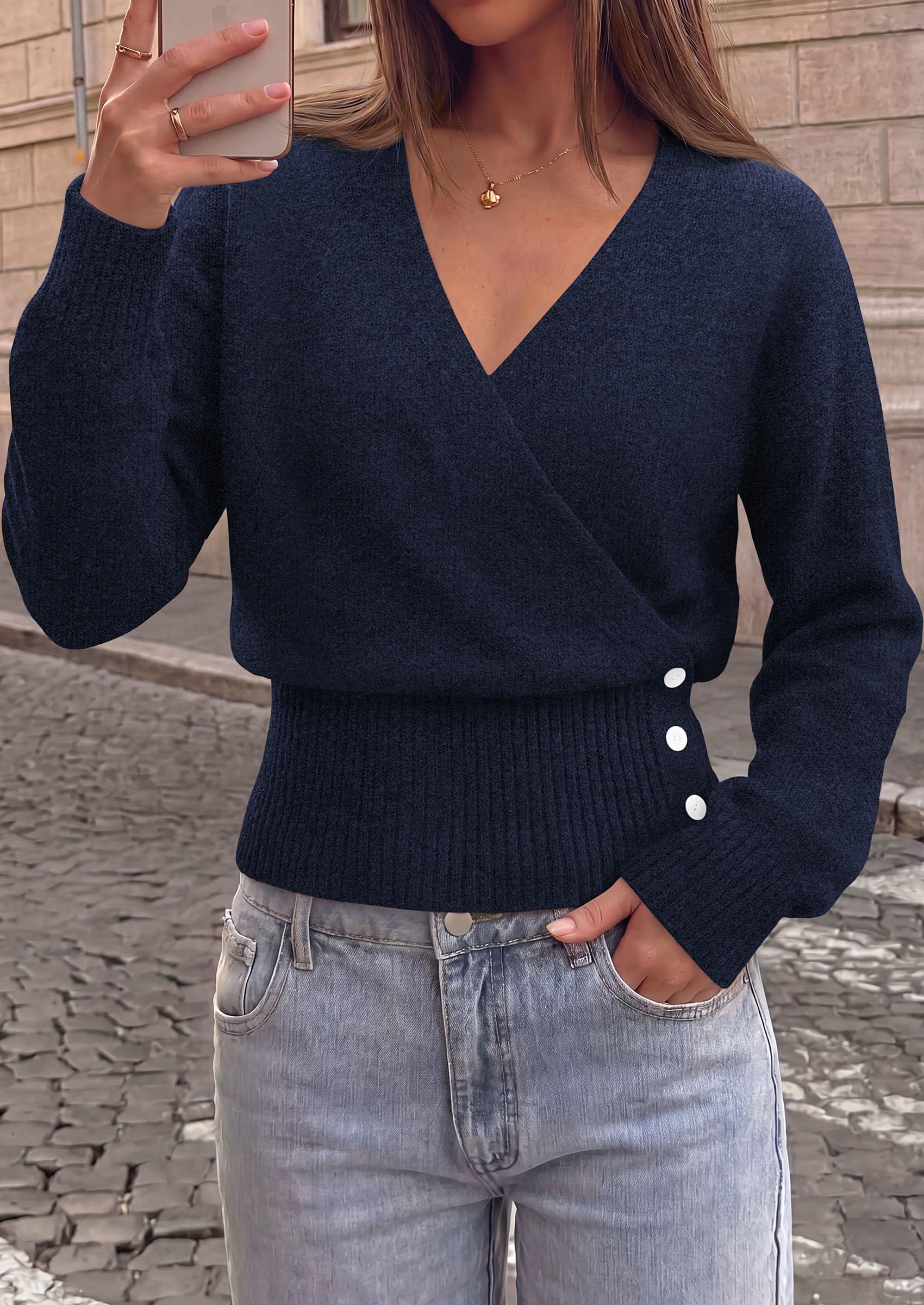 Women V Neck Wrap Sweater Cropped Tops (Navy Blue,S)