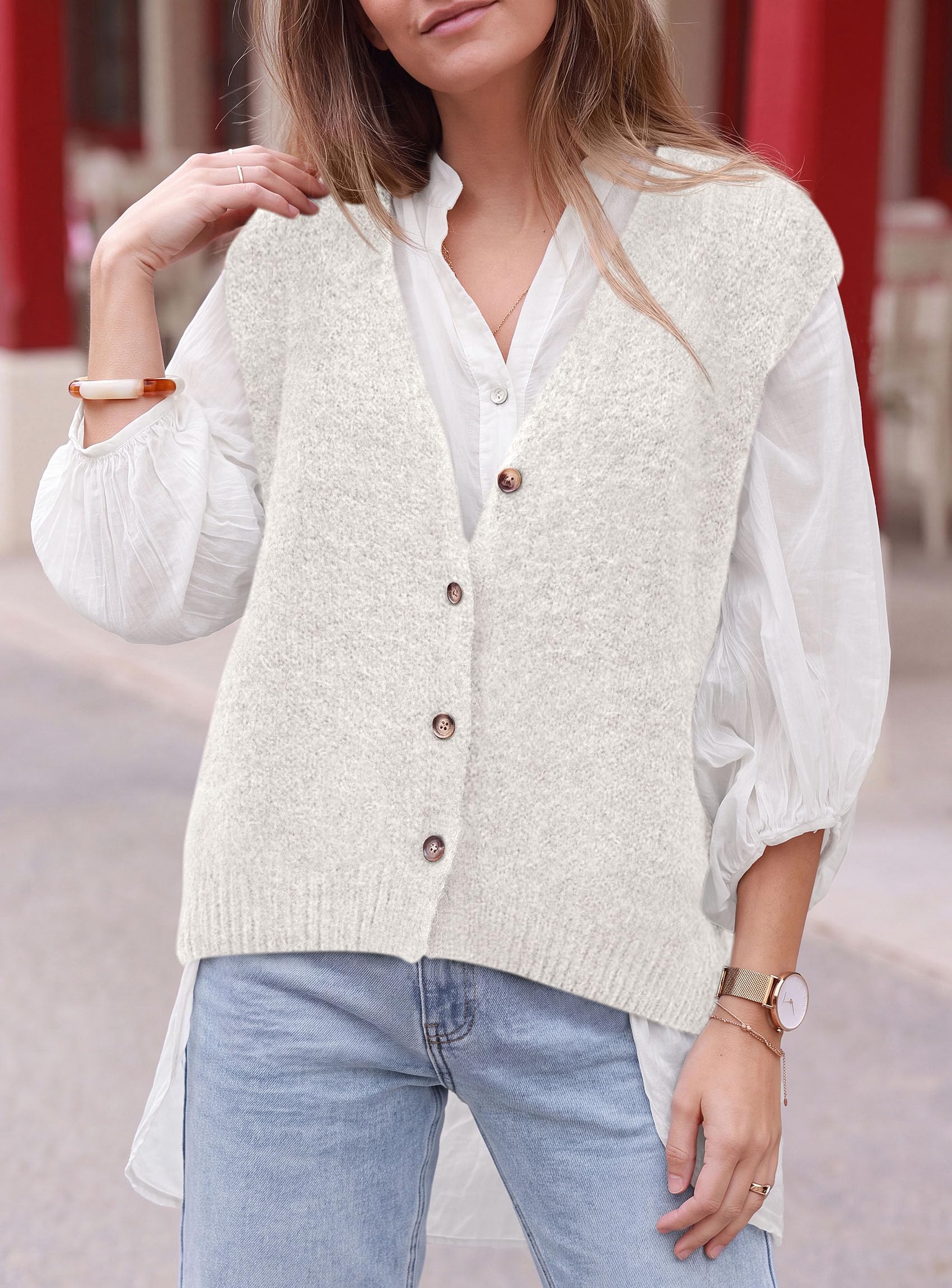 Womens Fall Sleeveless Button Down Sweater Vest,White,S