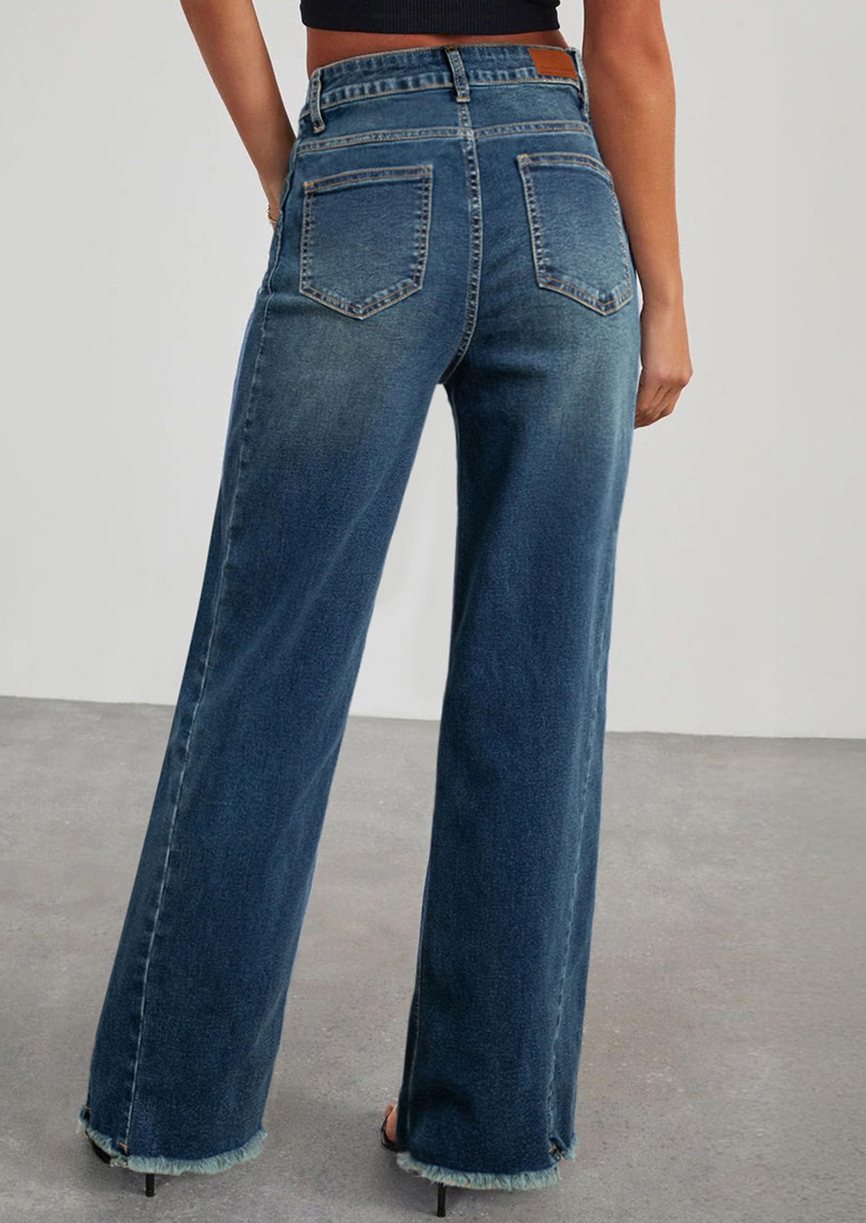 Women's Wide Leg Jeans Raw Hem Denim Pants,Vintage Blue,4