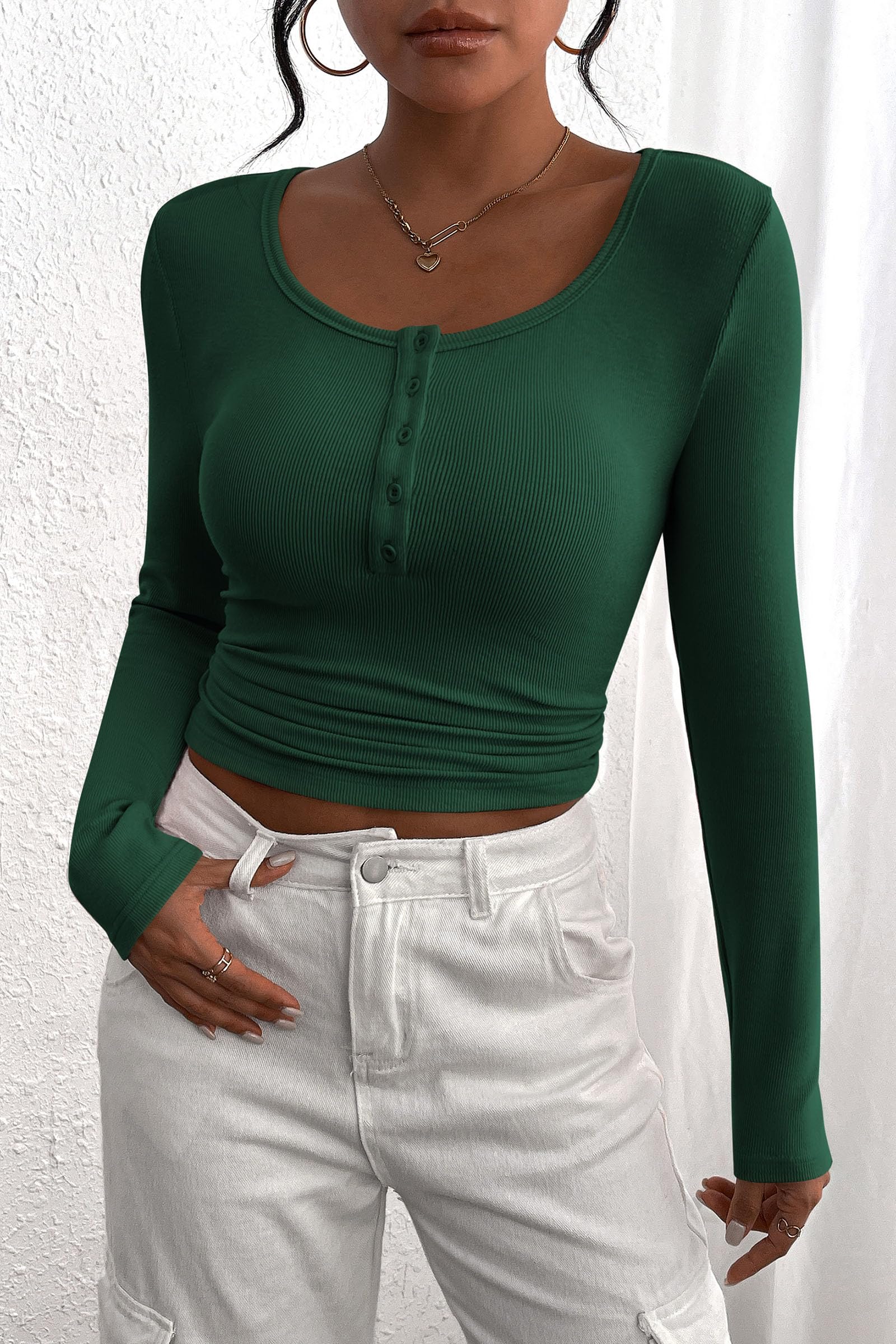 Women's Fall Long Sleeve Henley T Shirts Dark Green