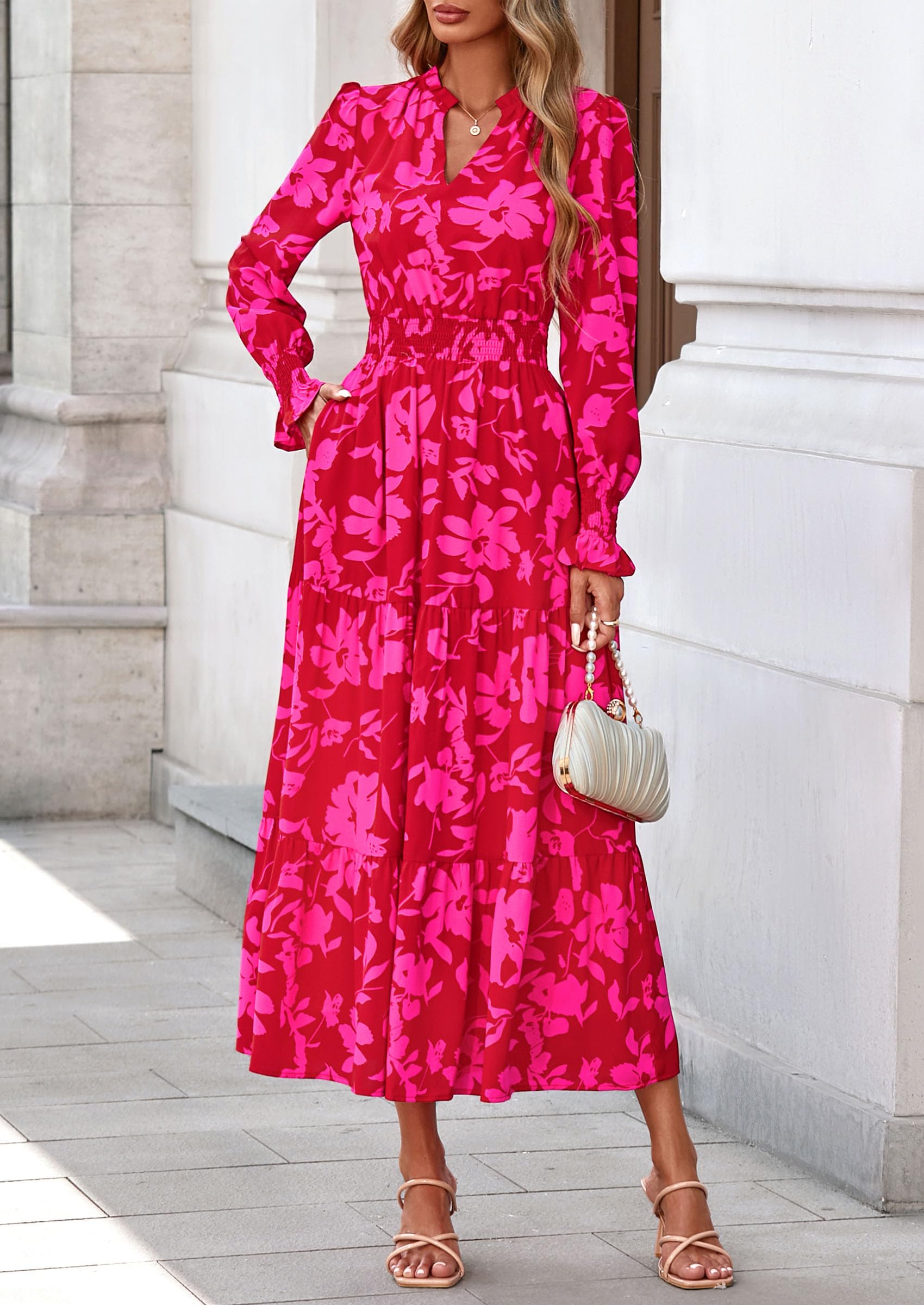 Women's Floral Maxi Dress Fall A Line Wedding Guest Dresses