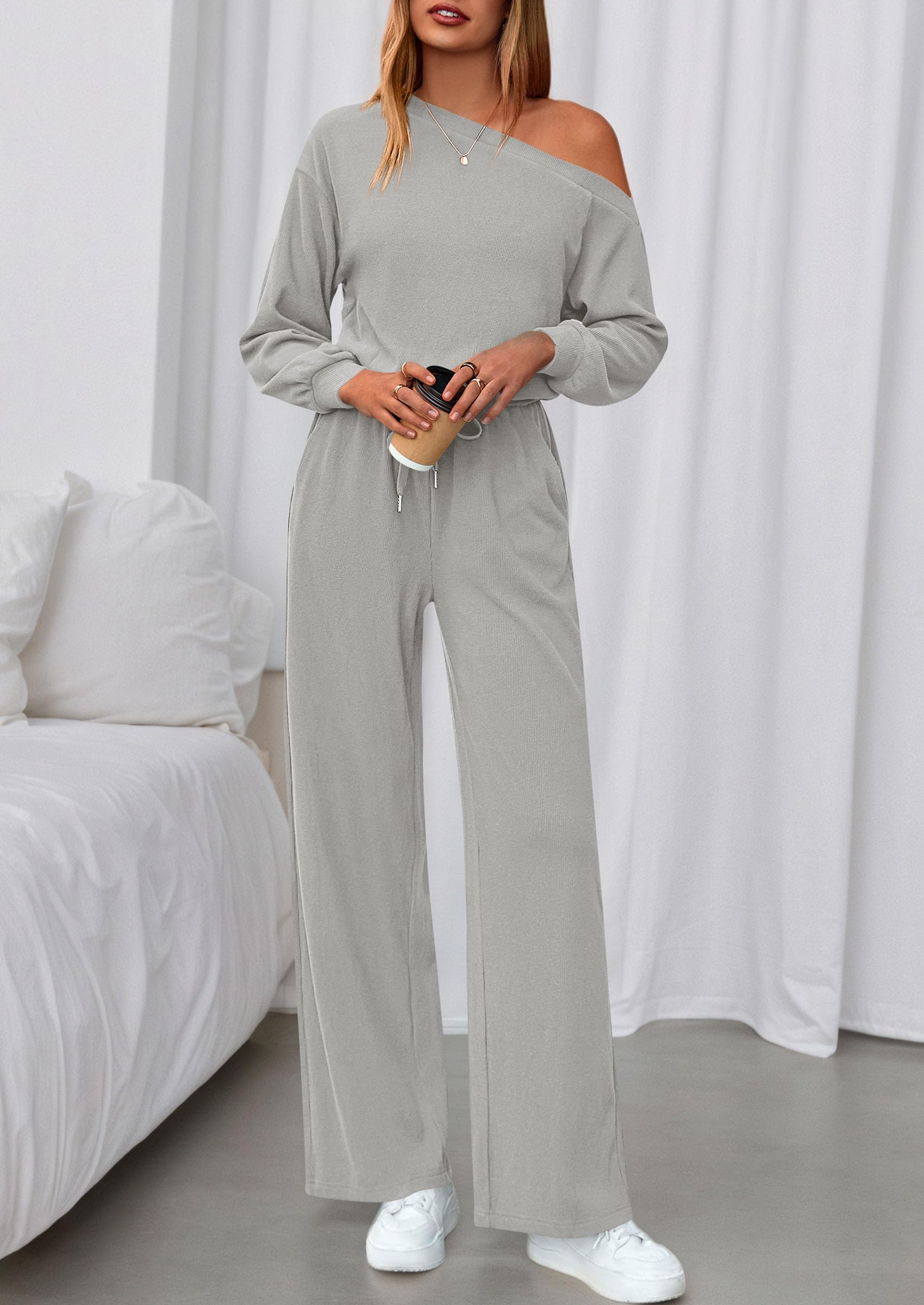 Womens Off Shoulder Long Sleeve Jumpsuit,Grey,S