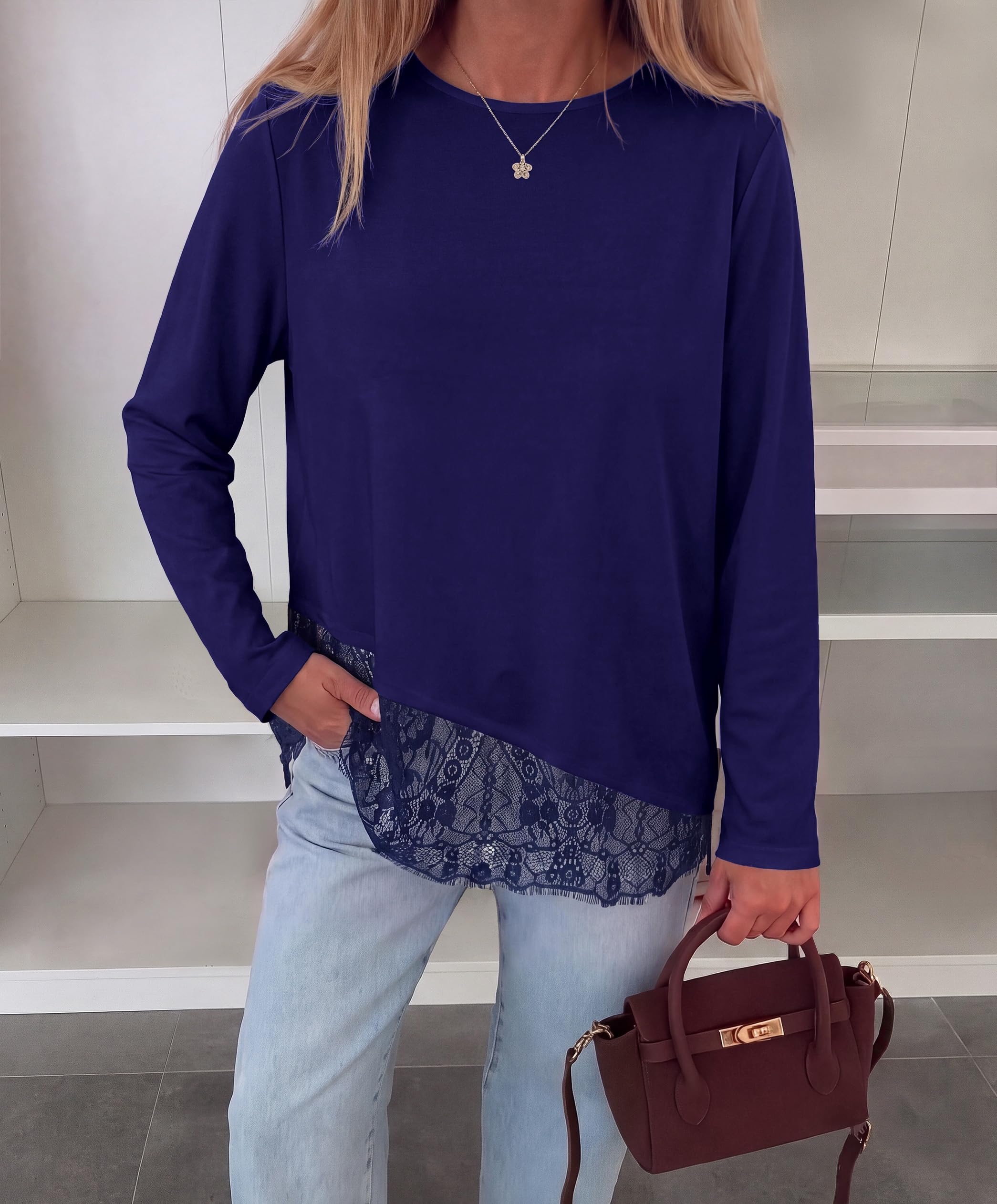 Women's Lace Patchwork Long Sleeve Shirts,Navy,S