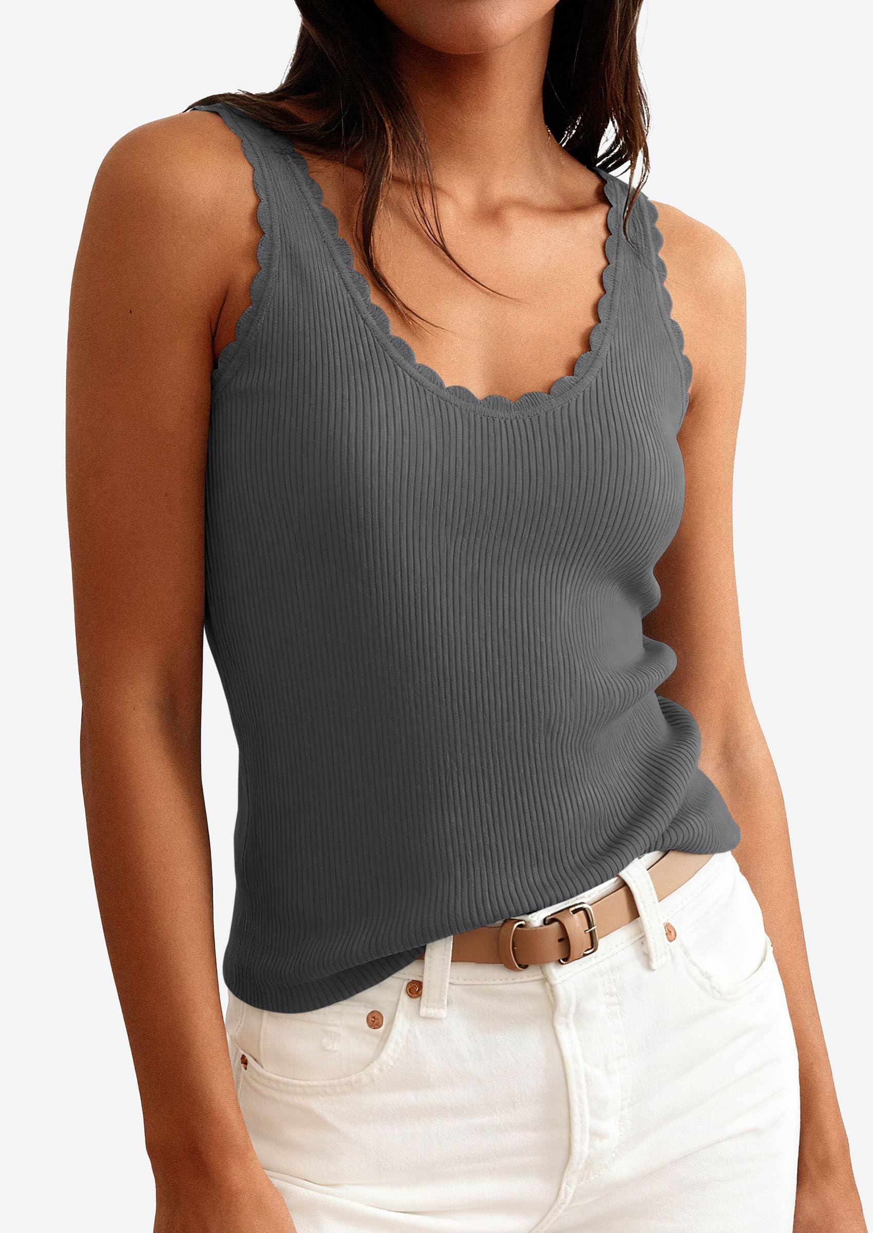 Womens Ribbed Knit Sleeveless Tank Tops,Dark Grey,XS