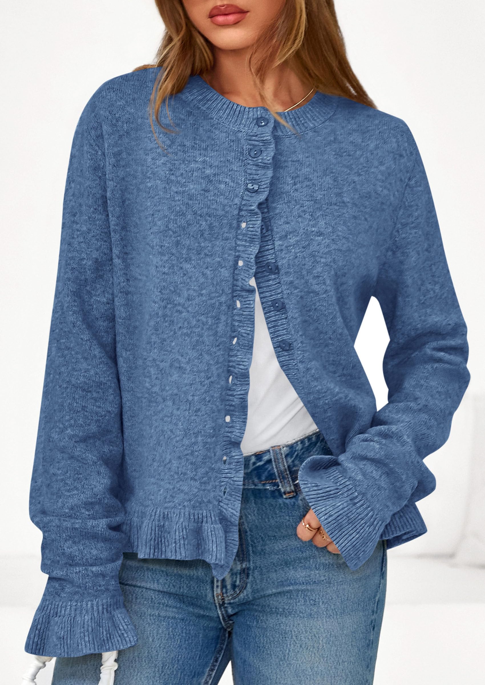 Womens Ruffle Button Down Cardigan Sweaters,Grey Blue,S