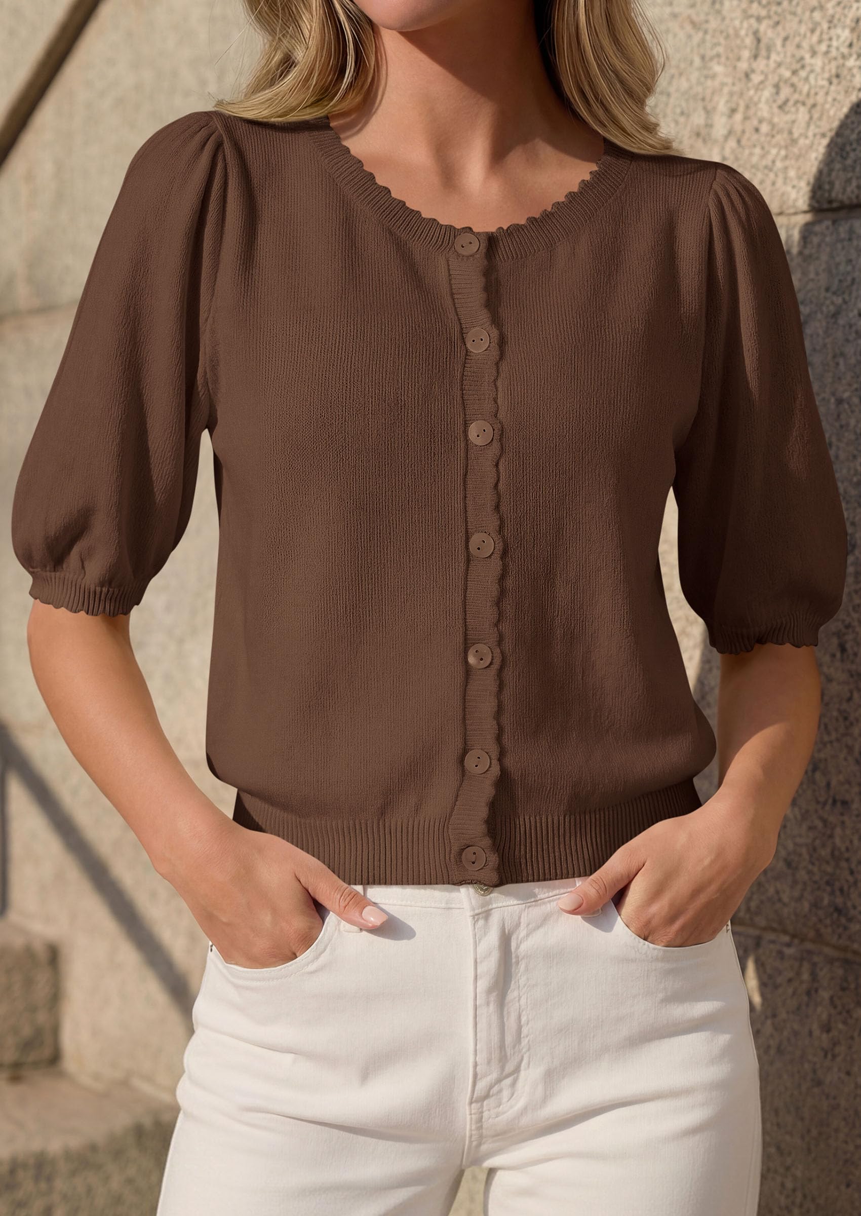 Women Short Sleeve Lightweight Knit Cardigans, Brown,S