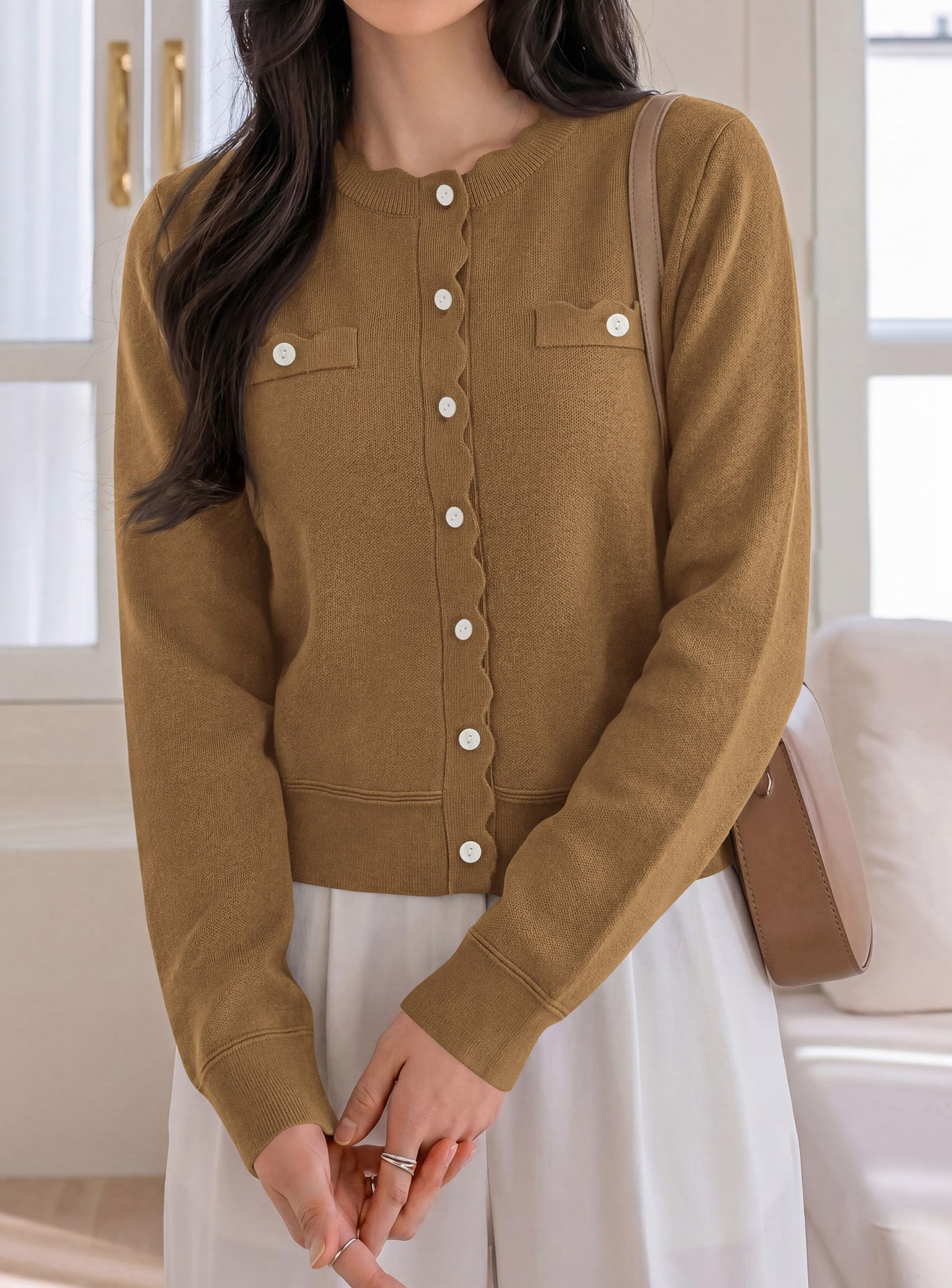 Womens Lightweight Cardigan Sweaters Scalloped Trim Fall Tops