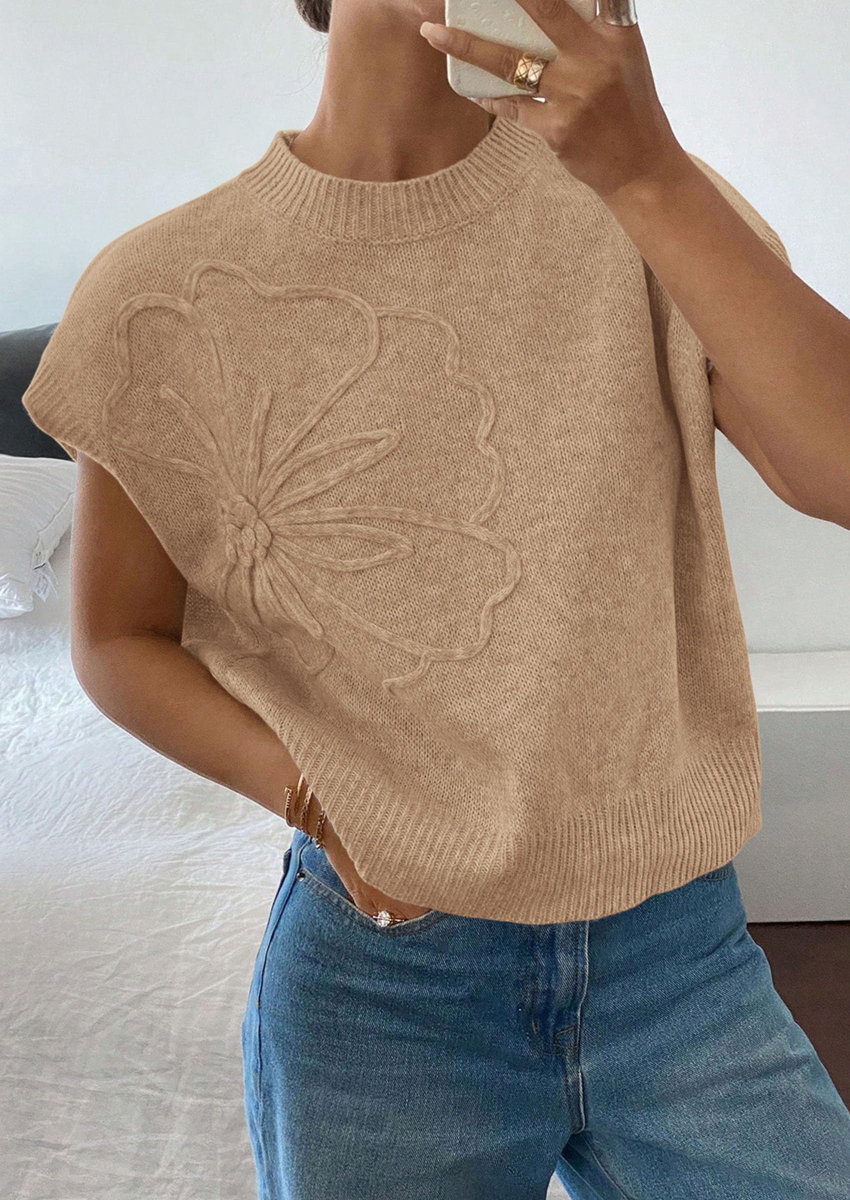 Women's Summer Short Cap Sleeve Sweater Vest (Khaki,S)
