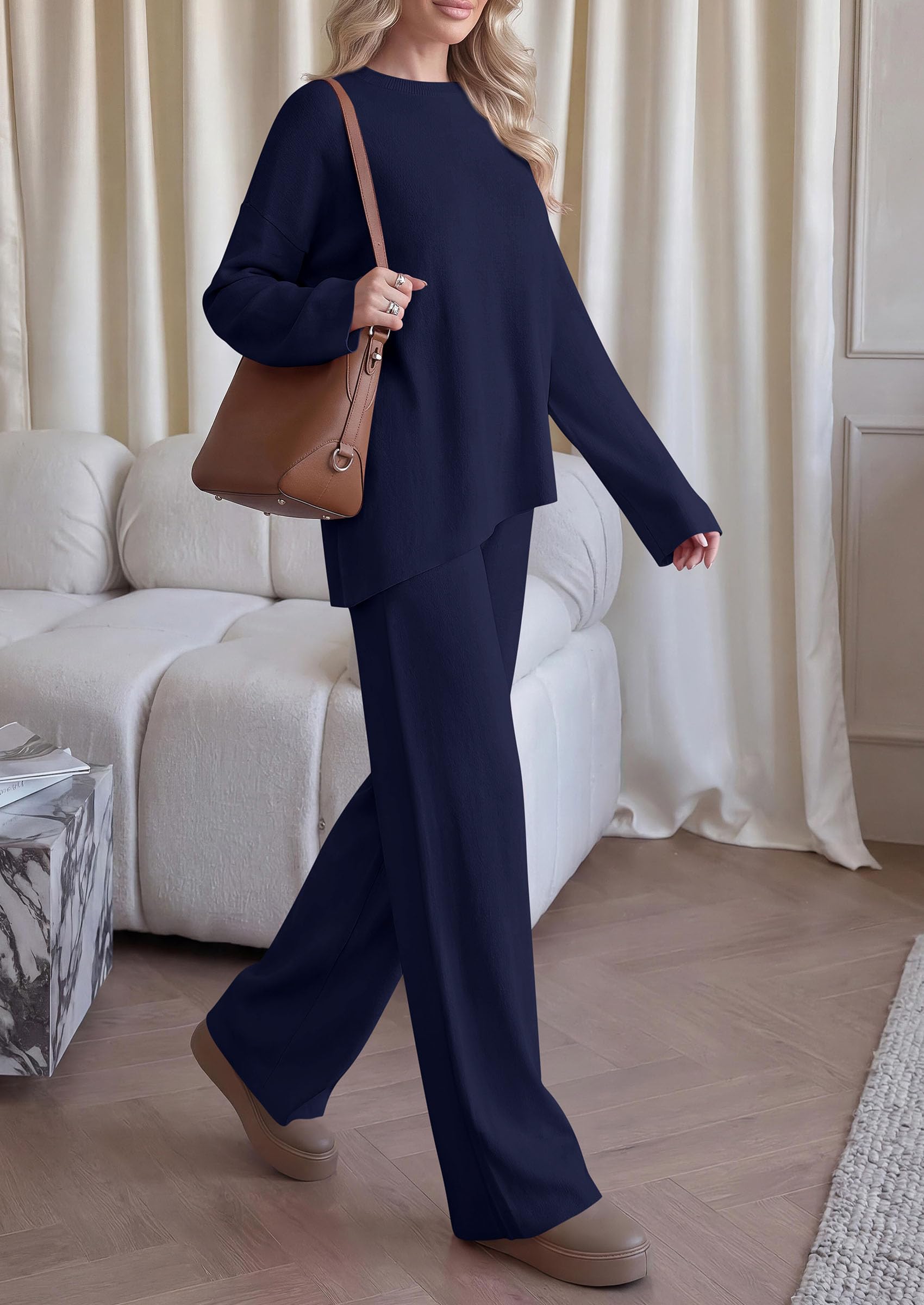 Womens Fall 2 Piece Asymmetric Cozy Sweater Travel Lounge Sets