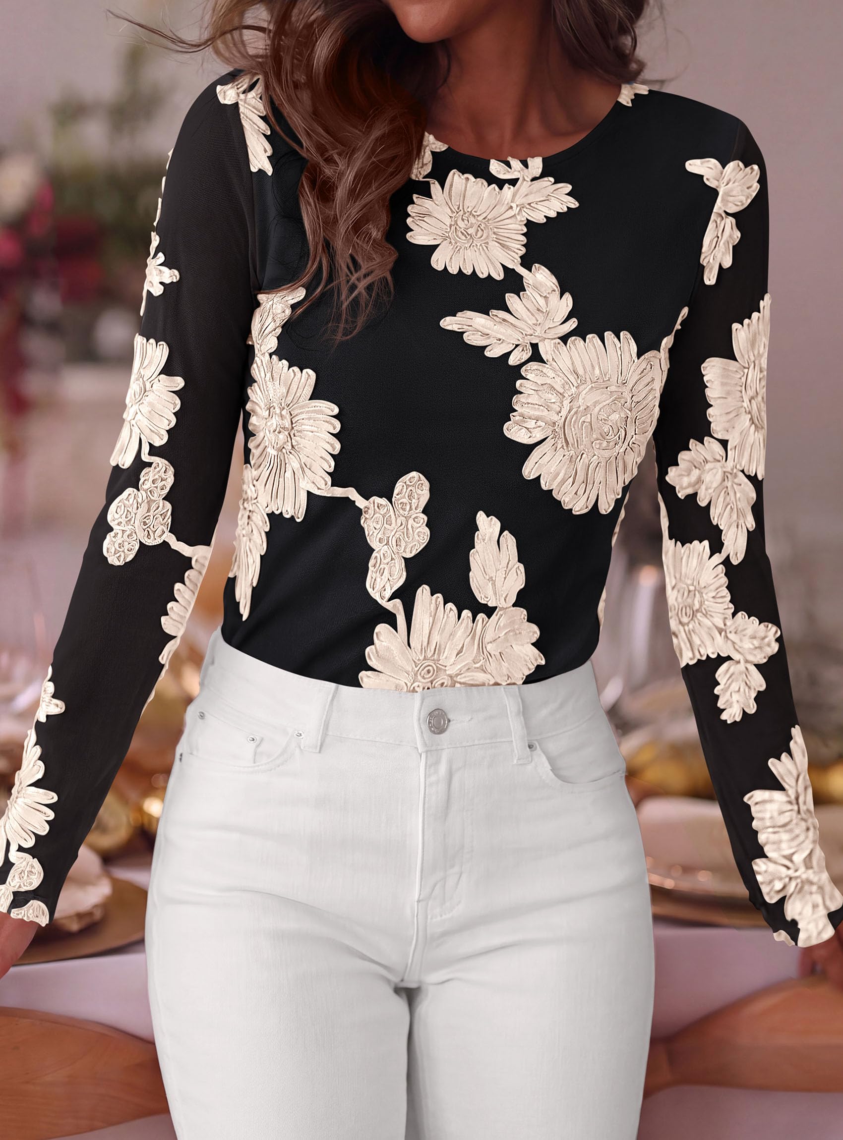 Women's Mesh Long Sleeve Embroidered Floral Tops Fall Blouses