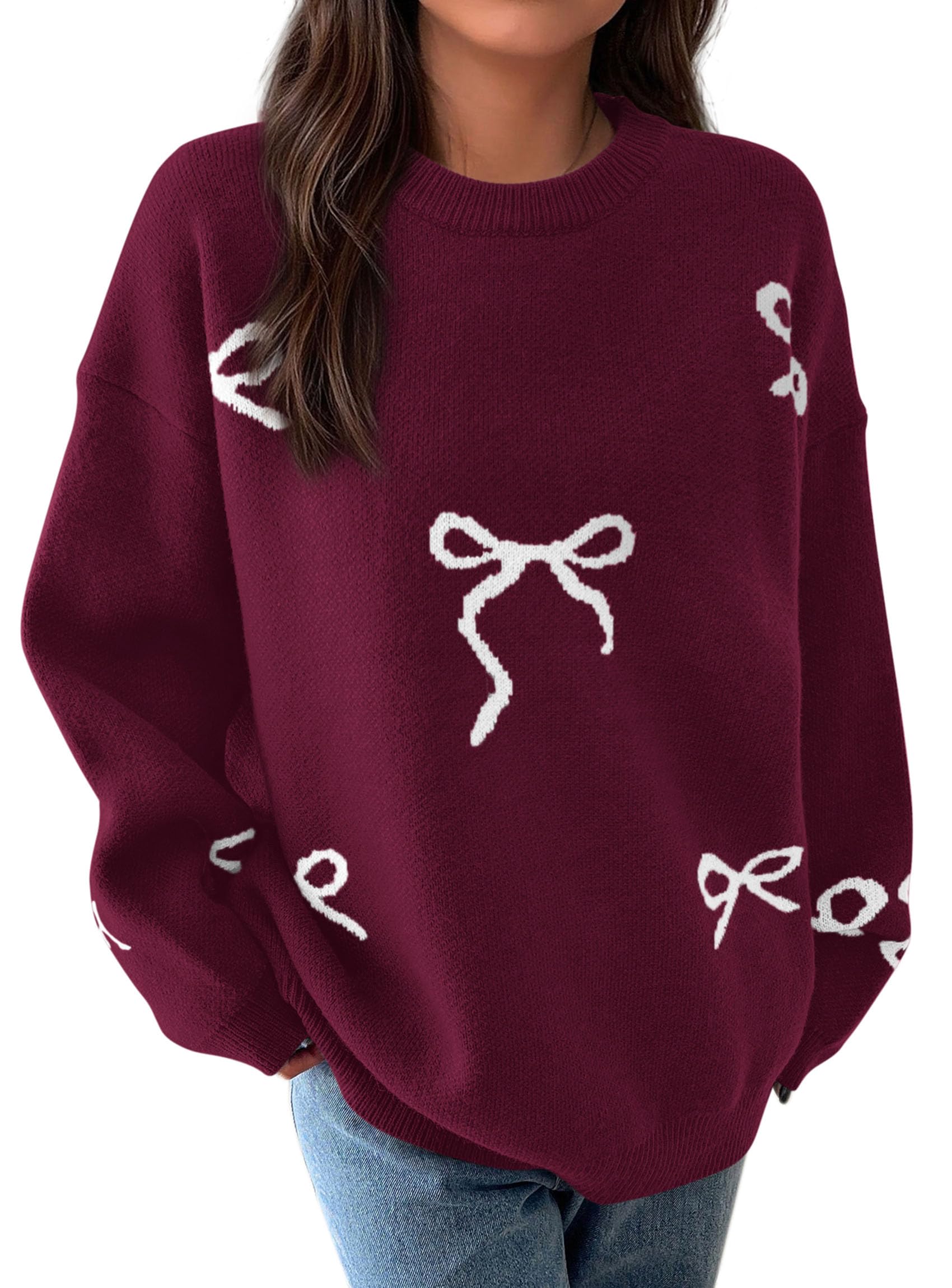Fall Long Sleeve Pullover Sweaters for Women 2026 Trendy Crewneck Casual Cute Bow Chunky Knit Oversized Sweater (Wine Red,Small)