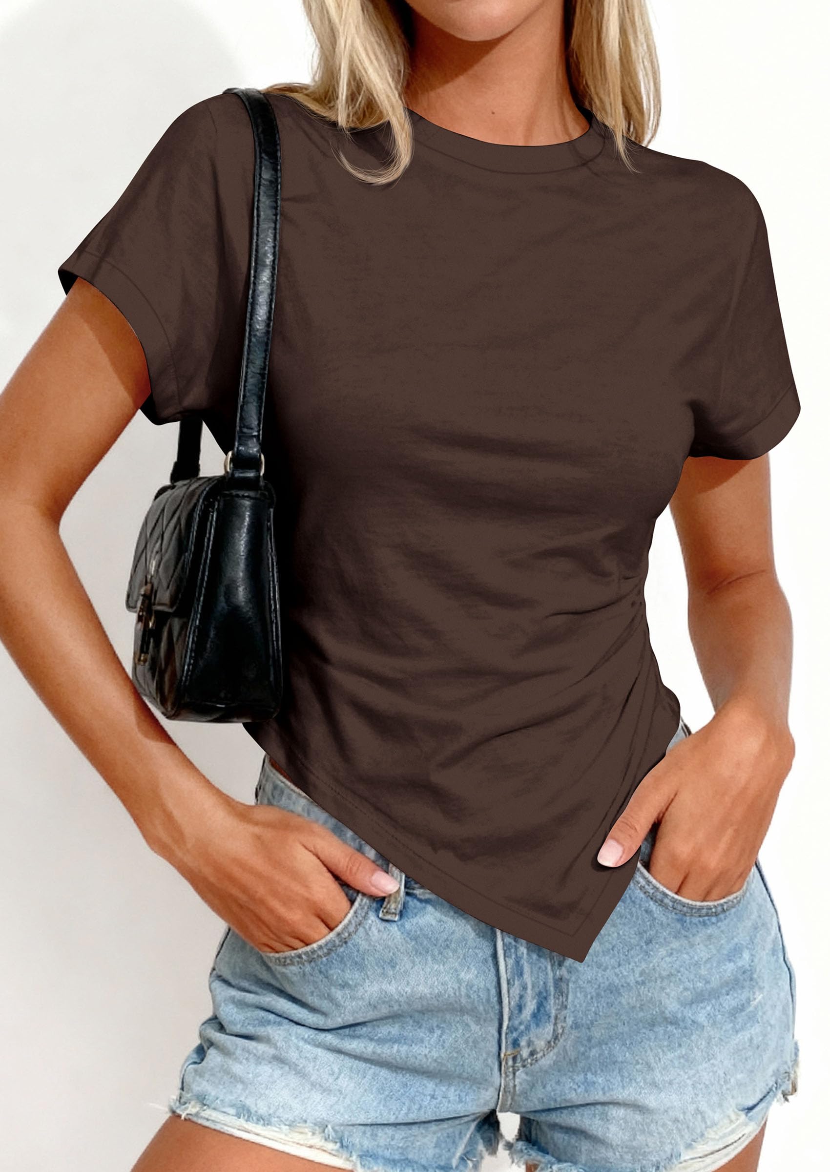 Womens Asymmetrical Summer Short Sleeve Tops,Brown,XS