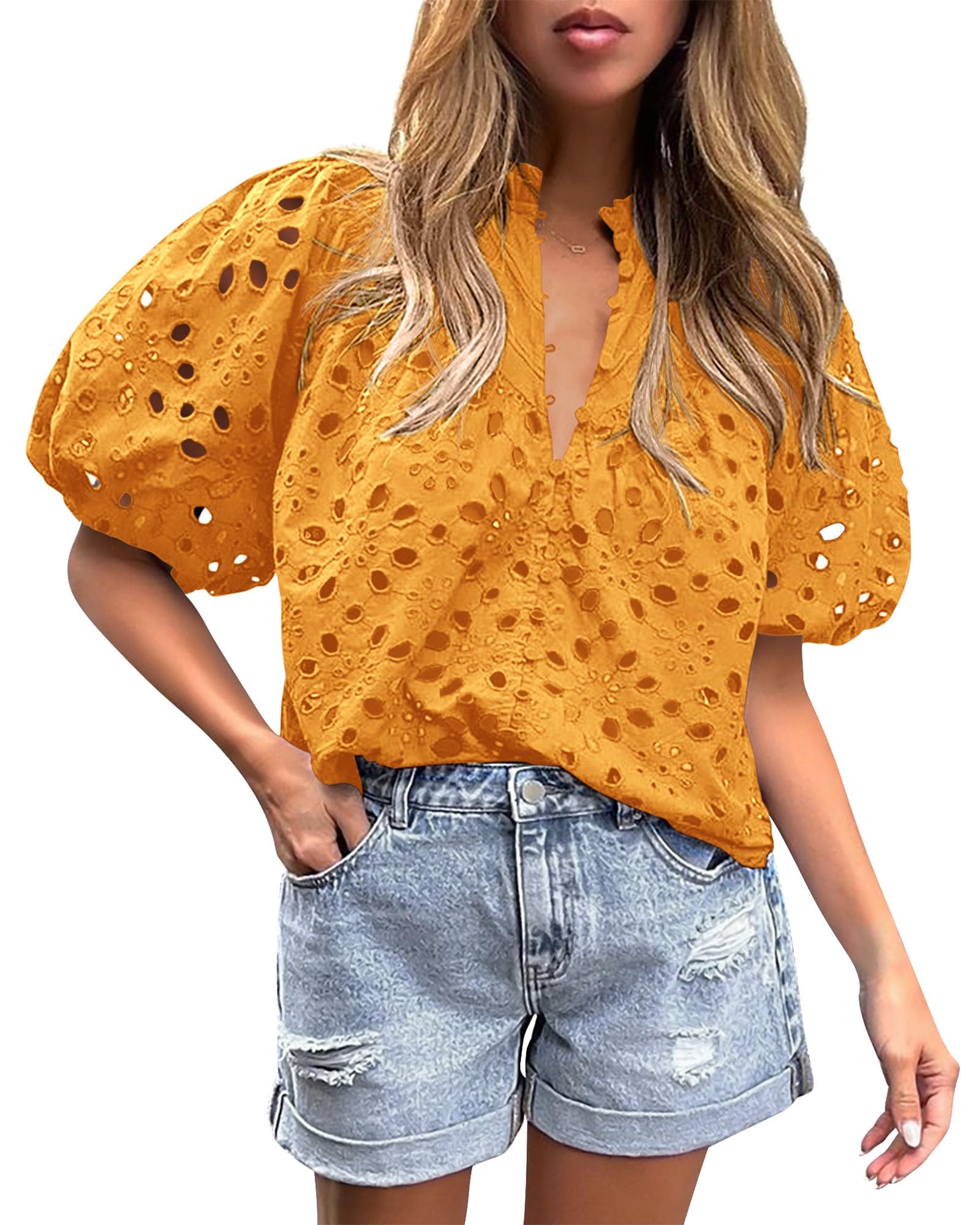 Womens Tops Boho Eyelet Puff Sleeve Blouse, Orange Yellow,L