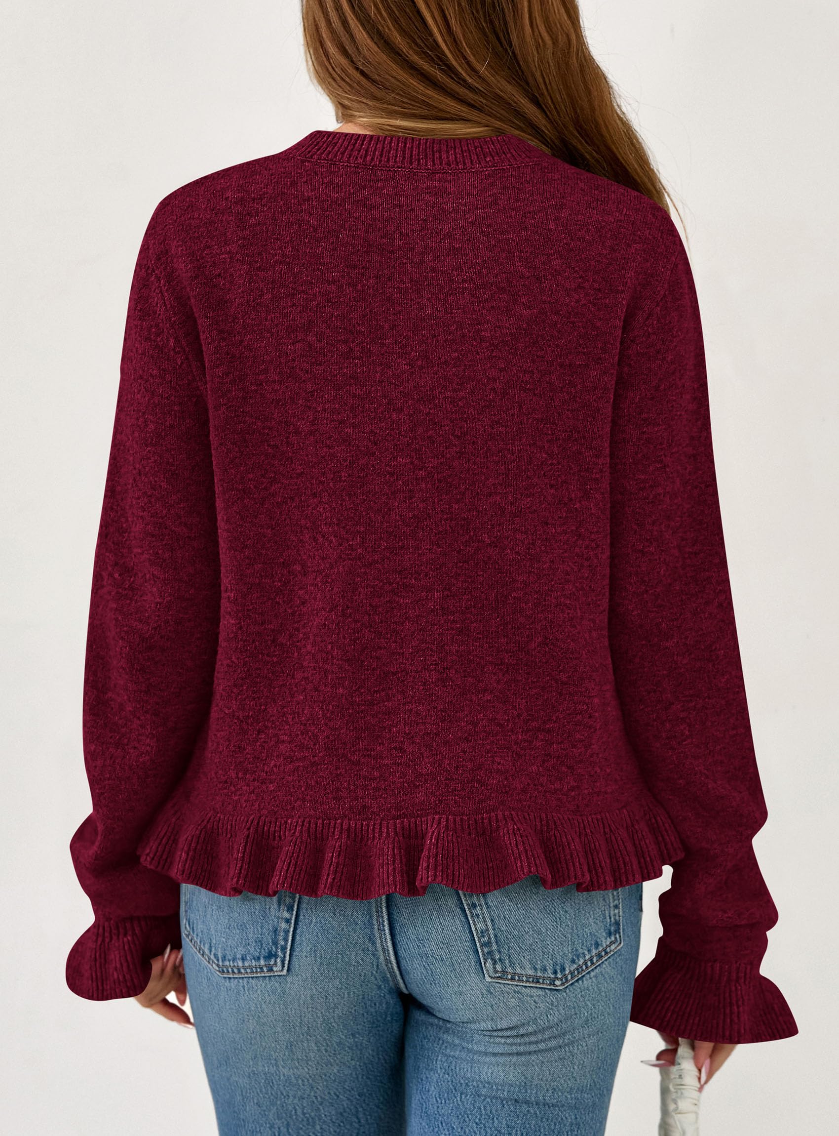 Womens Ruffle Button Down Cardigan Sweaters,Wine Red,S