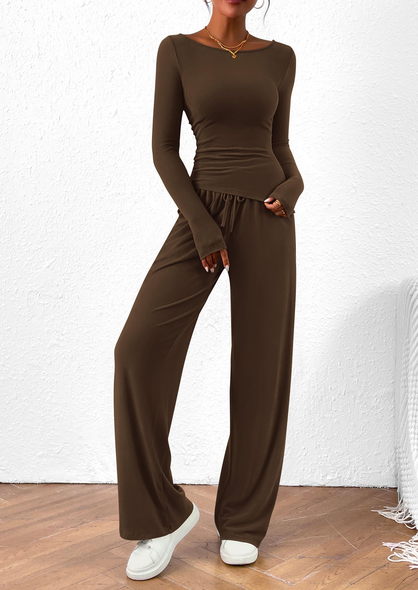 Women's 2 Piece Lounge Sets Airport Outfits(Brown,XS)