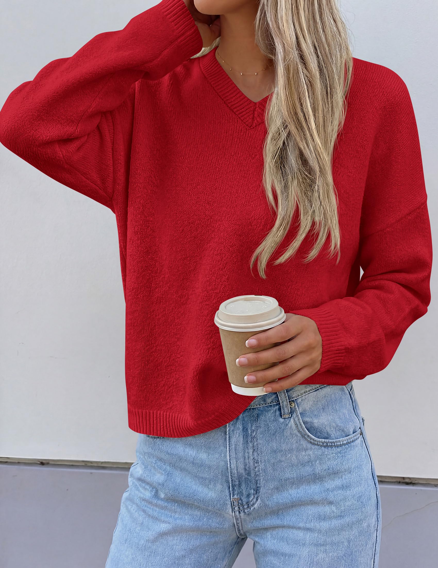Women's Cozy Sweaters Fall Fashion V Neck Tops Red,S