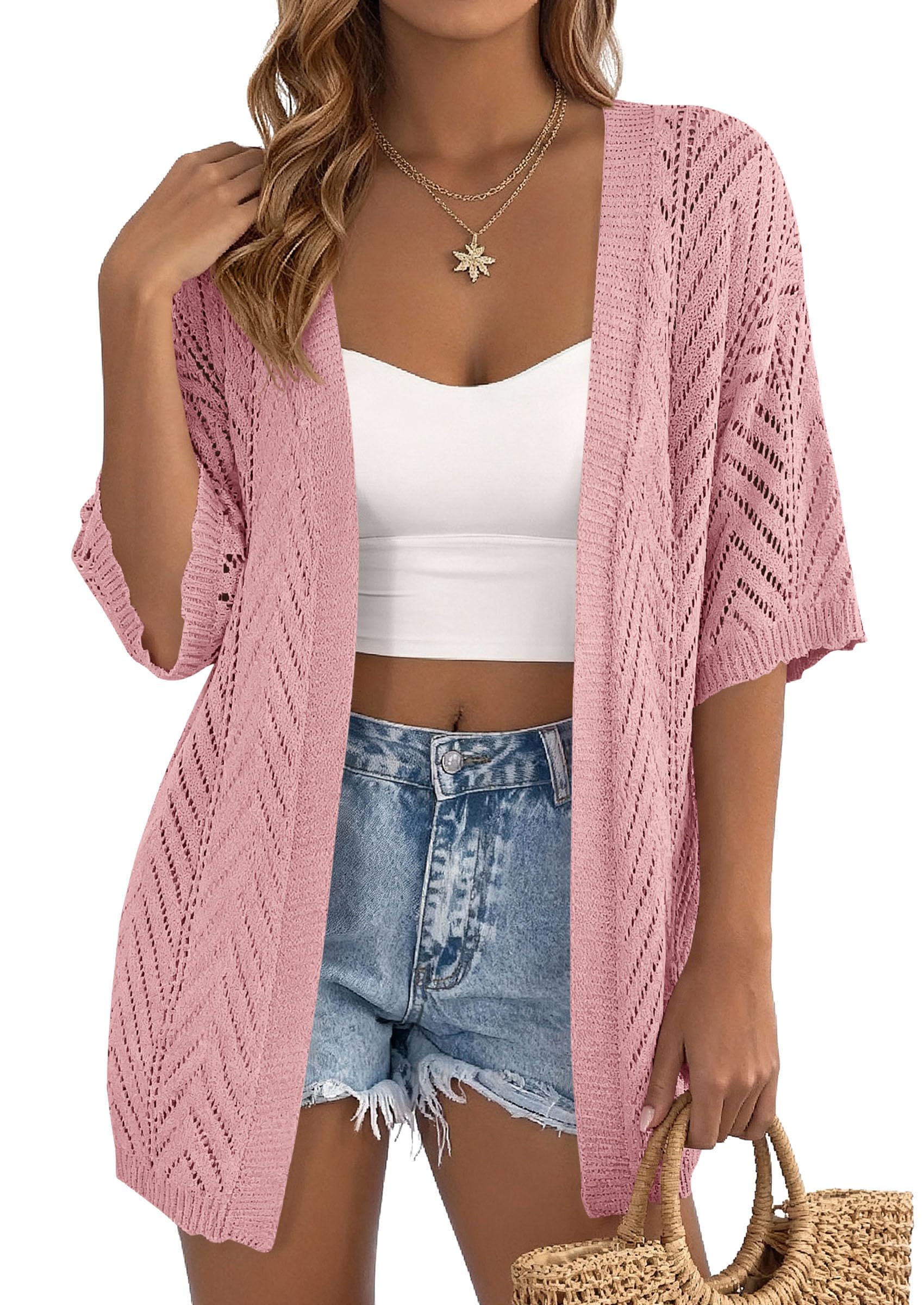 Women Lightweight Summer Short Sleeve Cardigan, Pink,S