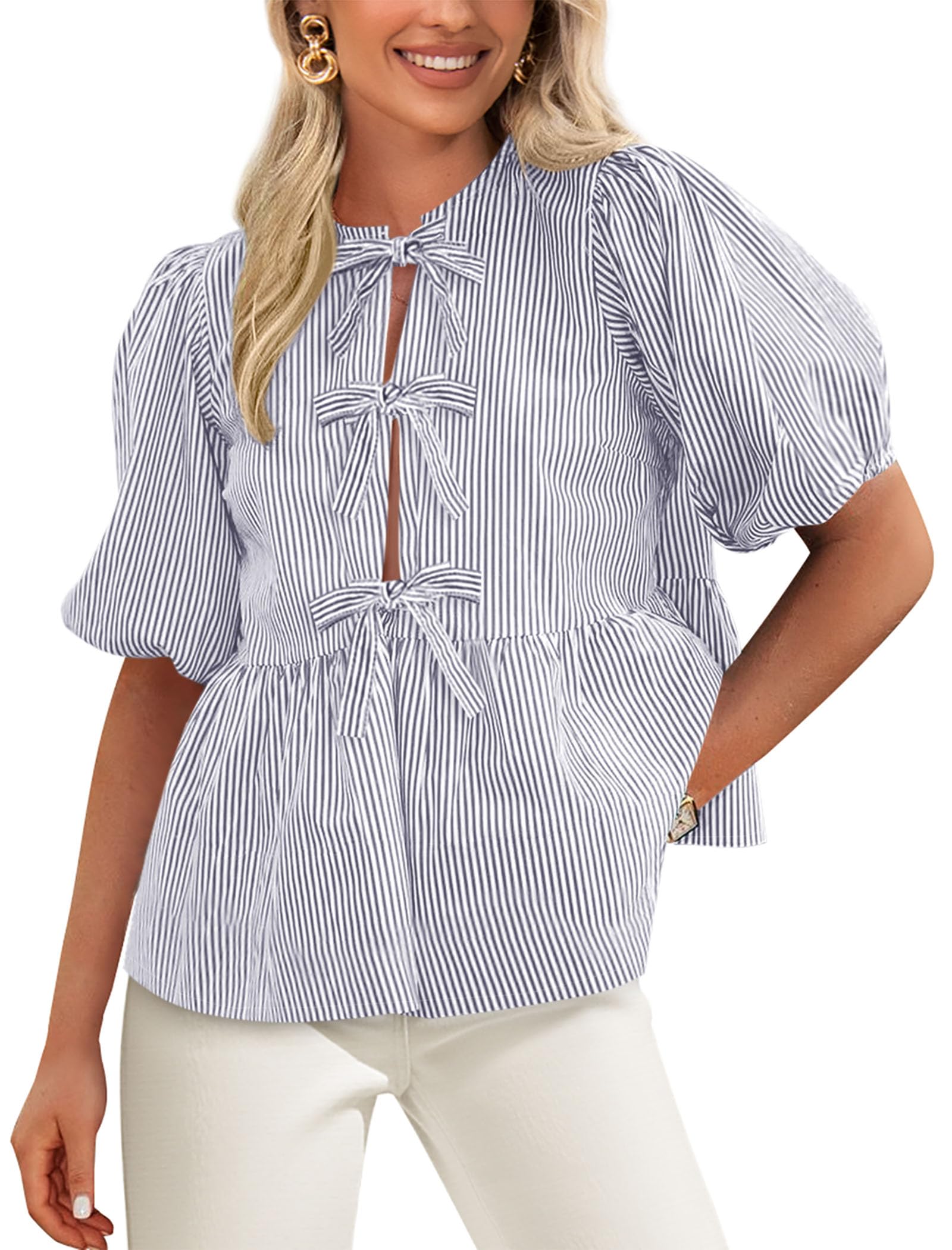 Women Striped Tie Front Babydoll Peplum Tops, Grey Blue,S
