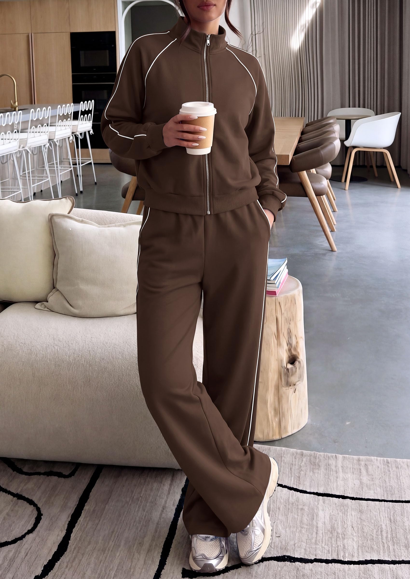 Women's 2 Piece Sweat Set Casual Fall Outfits,Brown,S