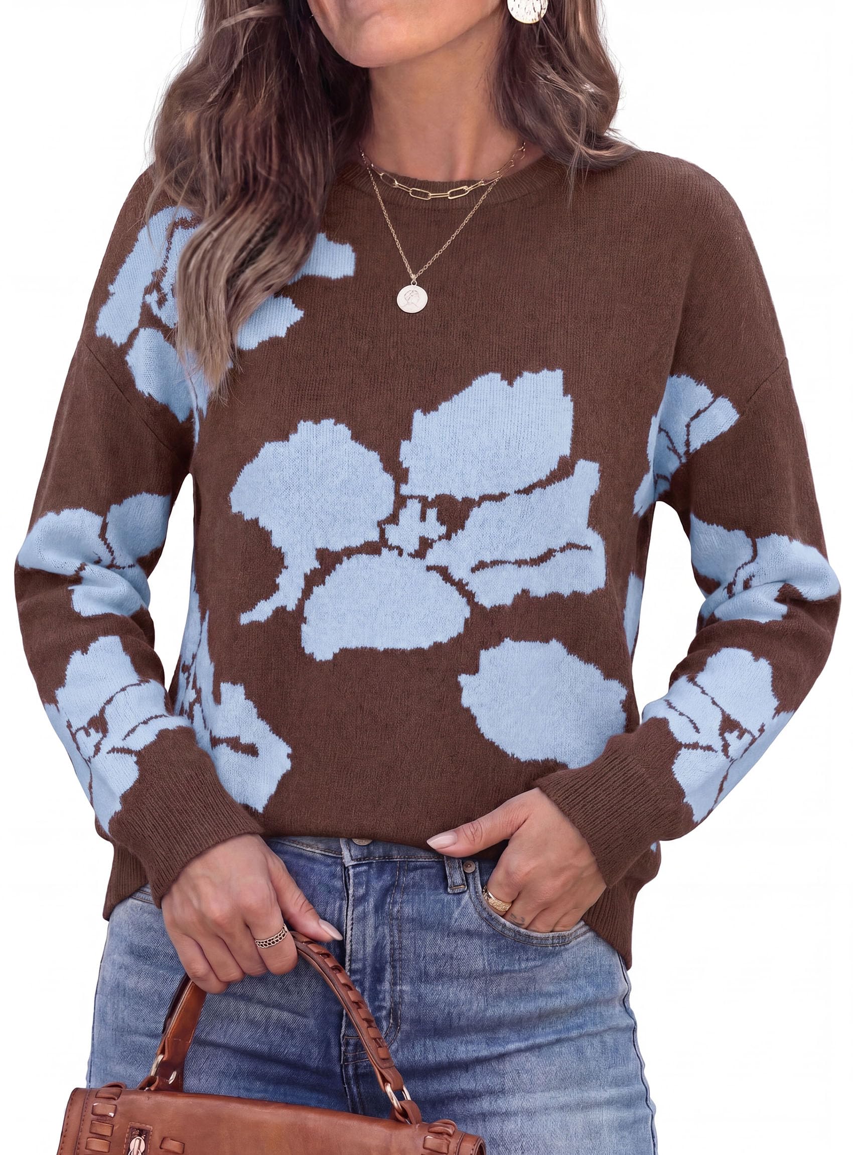 Womens Floral Sweater Crewneck Printed Pullover Tops Brown