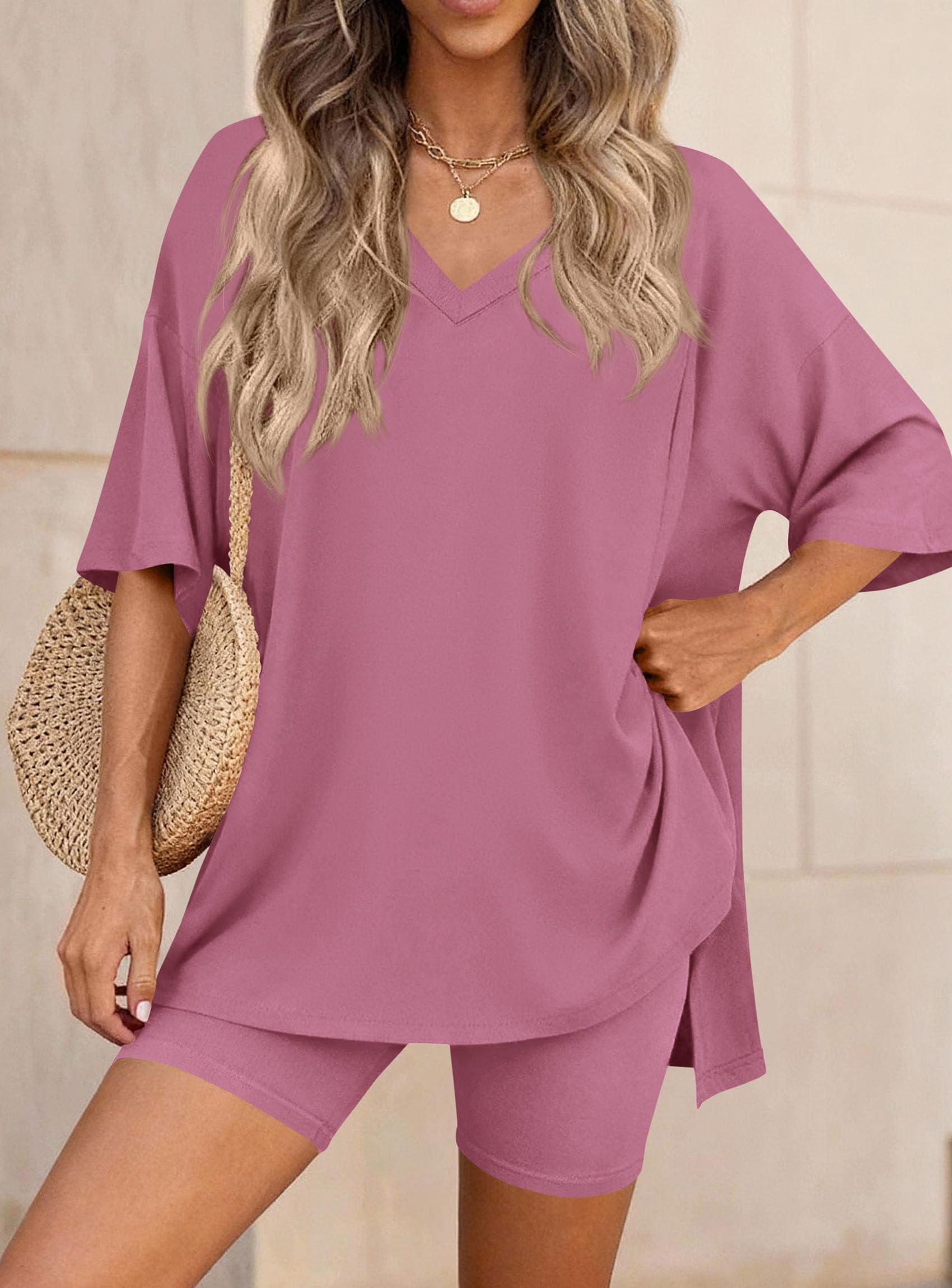 Womens 2 Piece Outfit Lounge Short Sets,Pink,S