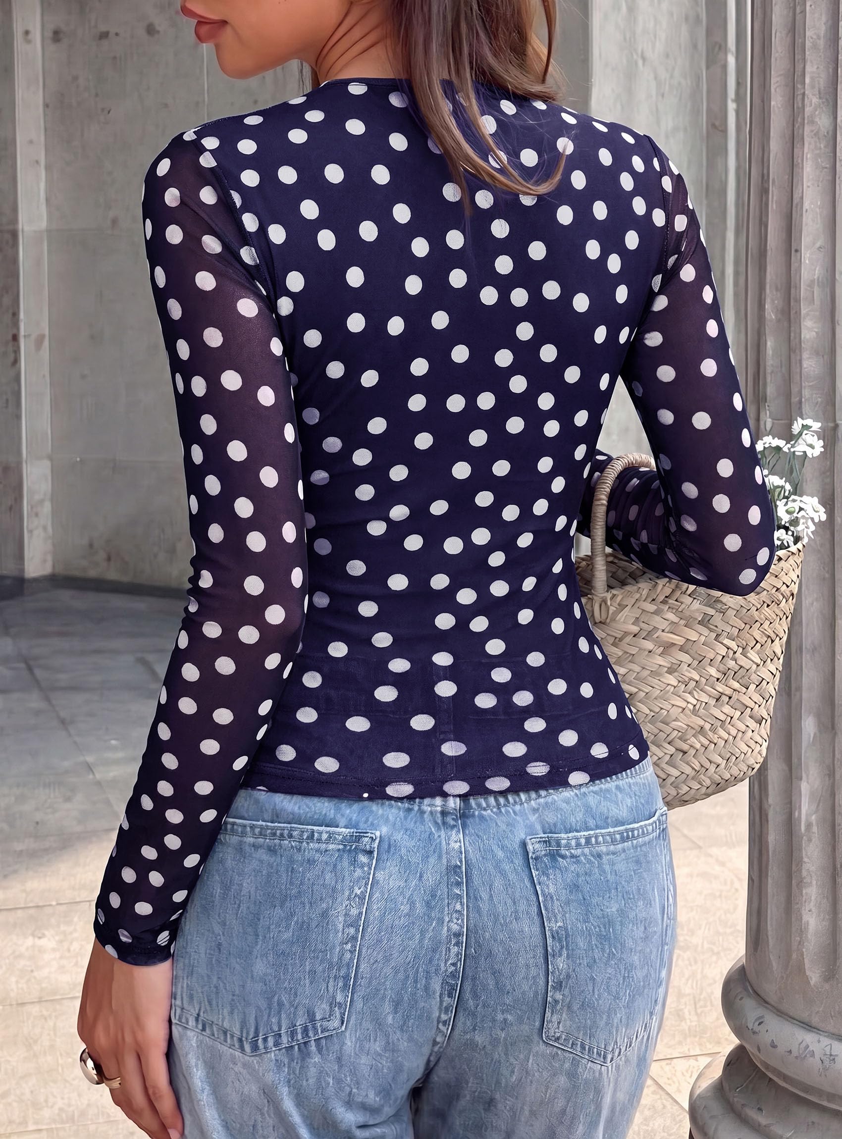 Womens Mesh Wrap Dressy Top Floral V Neck Long Sleeve Shirts