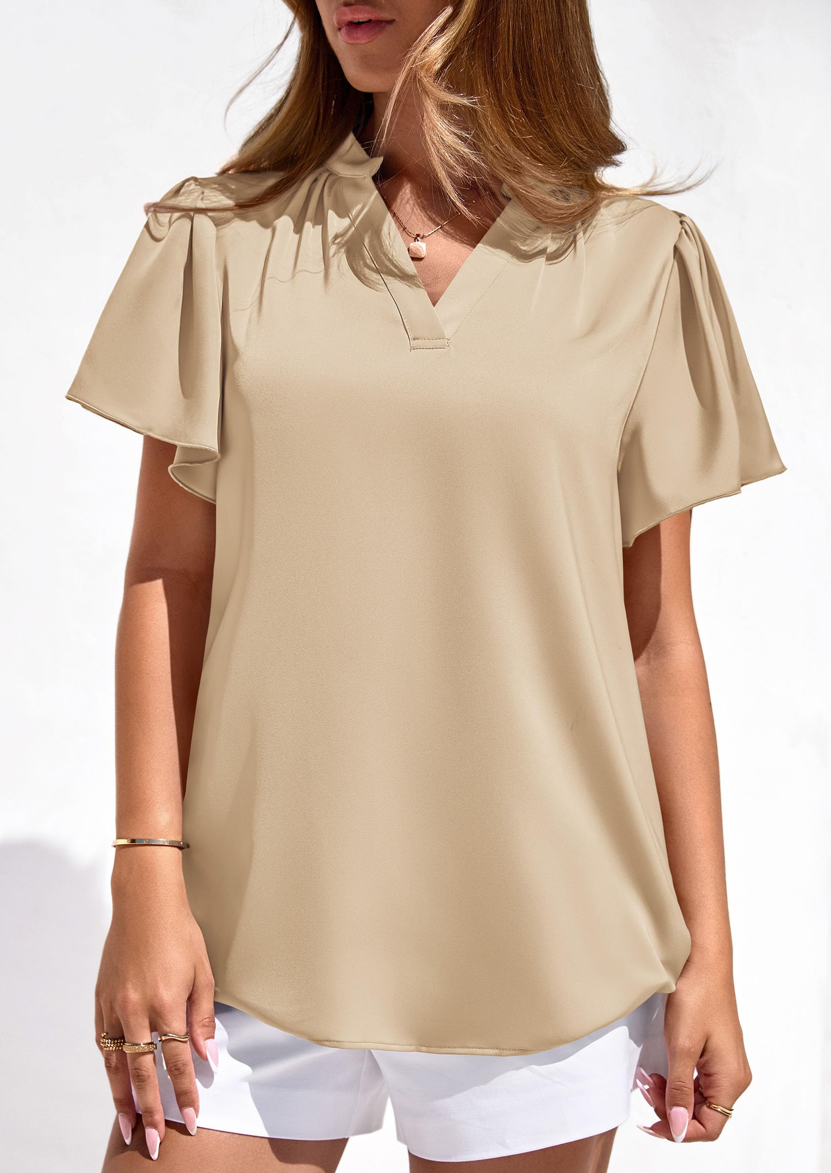 Women's Summer Satin Dressy Casual Blouses (Light Khaki,S)