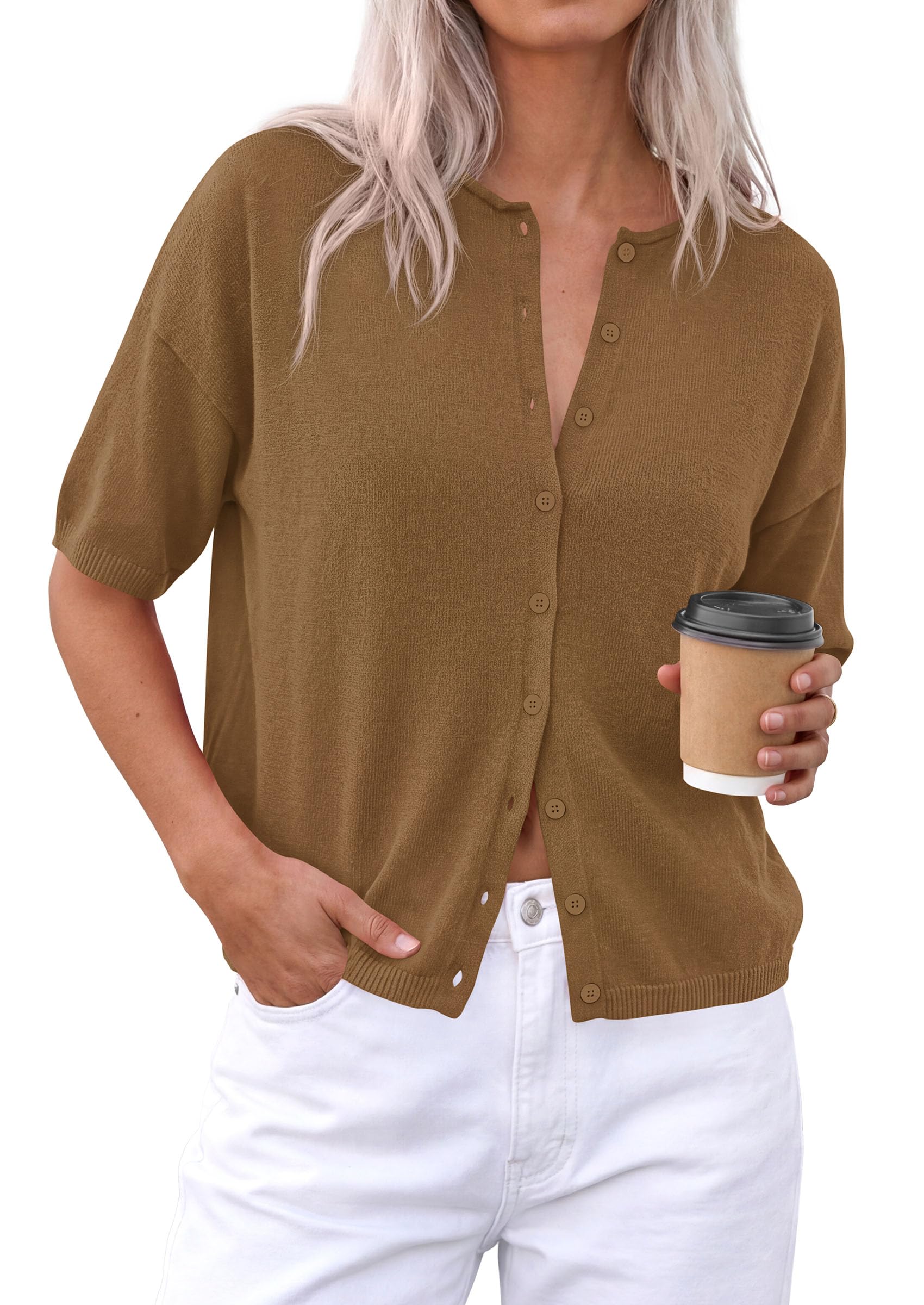 Women's Short Sleeve Cardigan Sweaters (Dark Khaki,Small)
