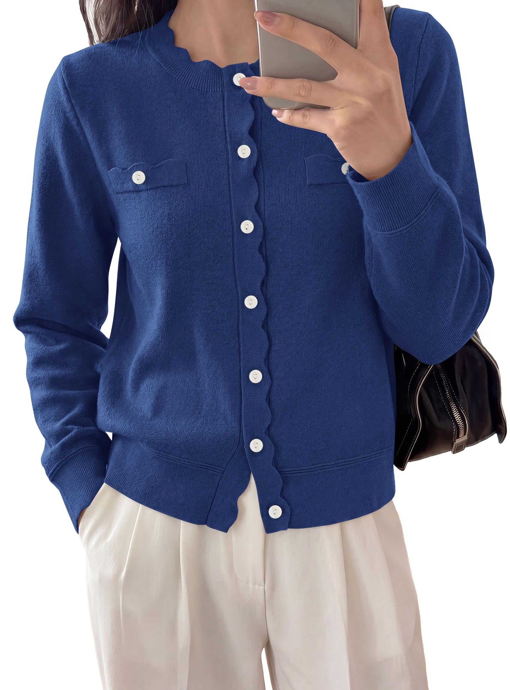 Womens Lightweight Cardigan Sweaters Scalloped Trim Fall Tops