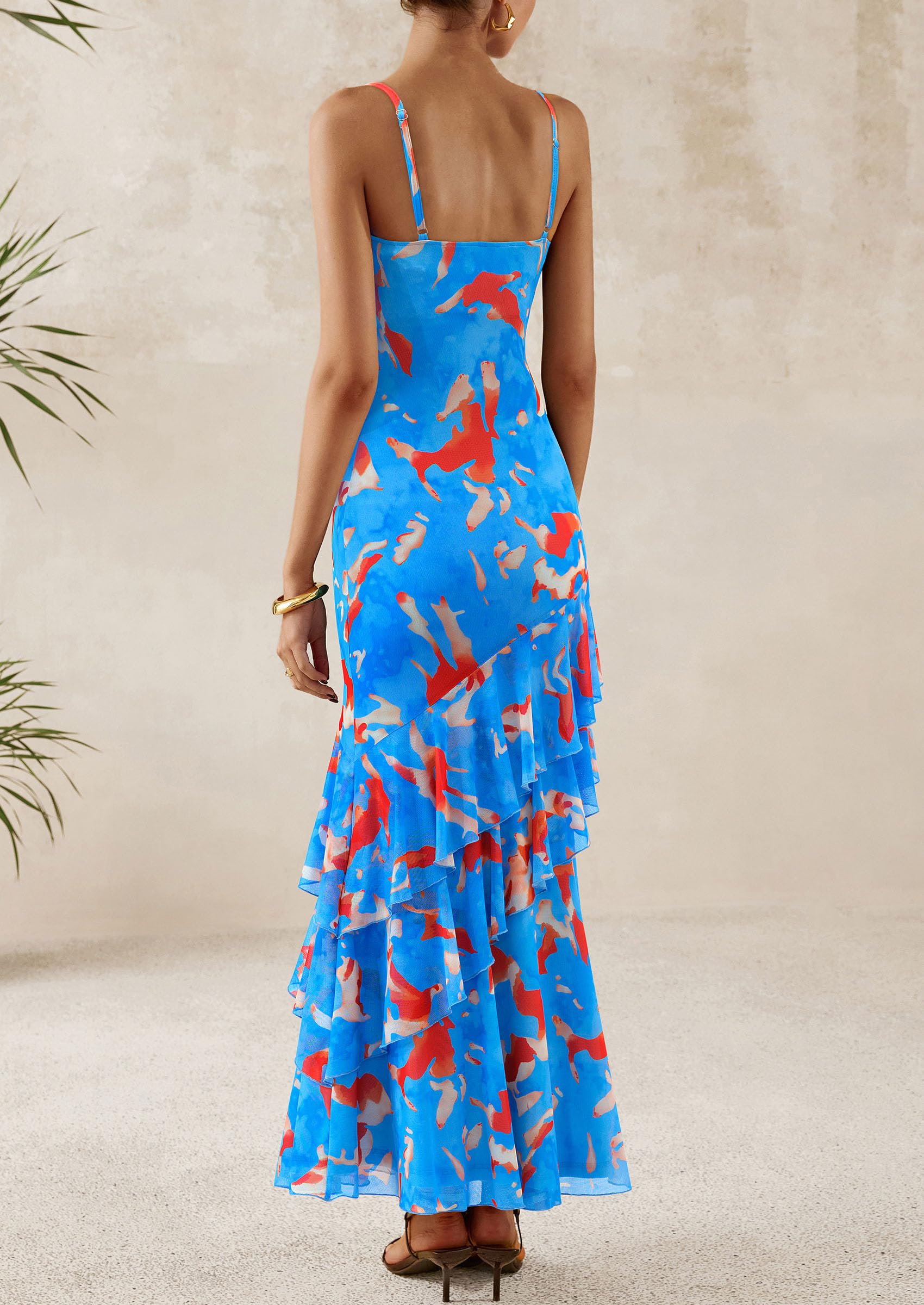 Women's Boho Floral Tiered Maxi Dress, Floral Light Blue,XS