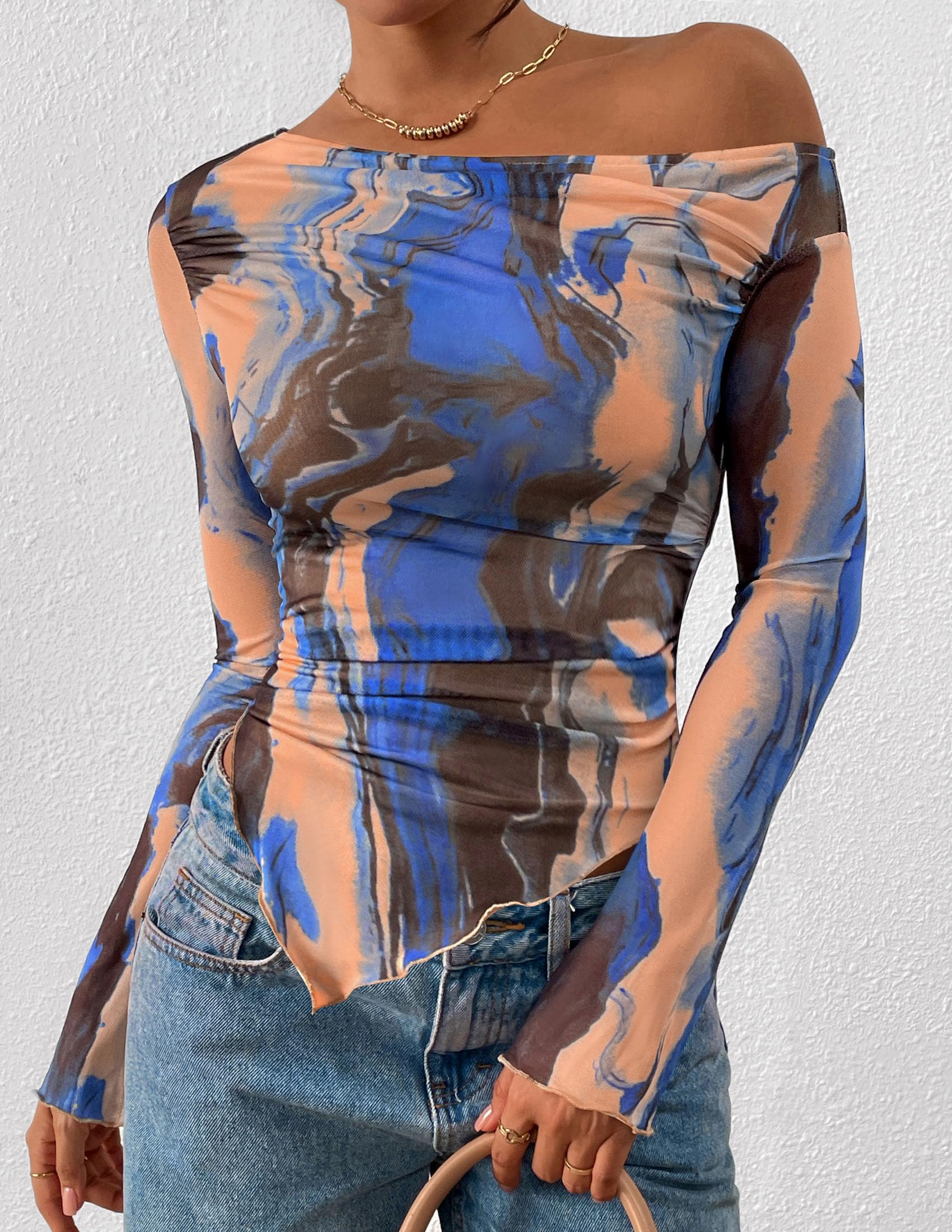 Womens Off Shoulder Mesh Y2k Tops,Blue Watercolour,XS