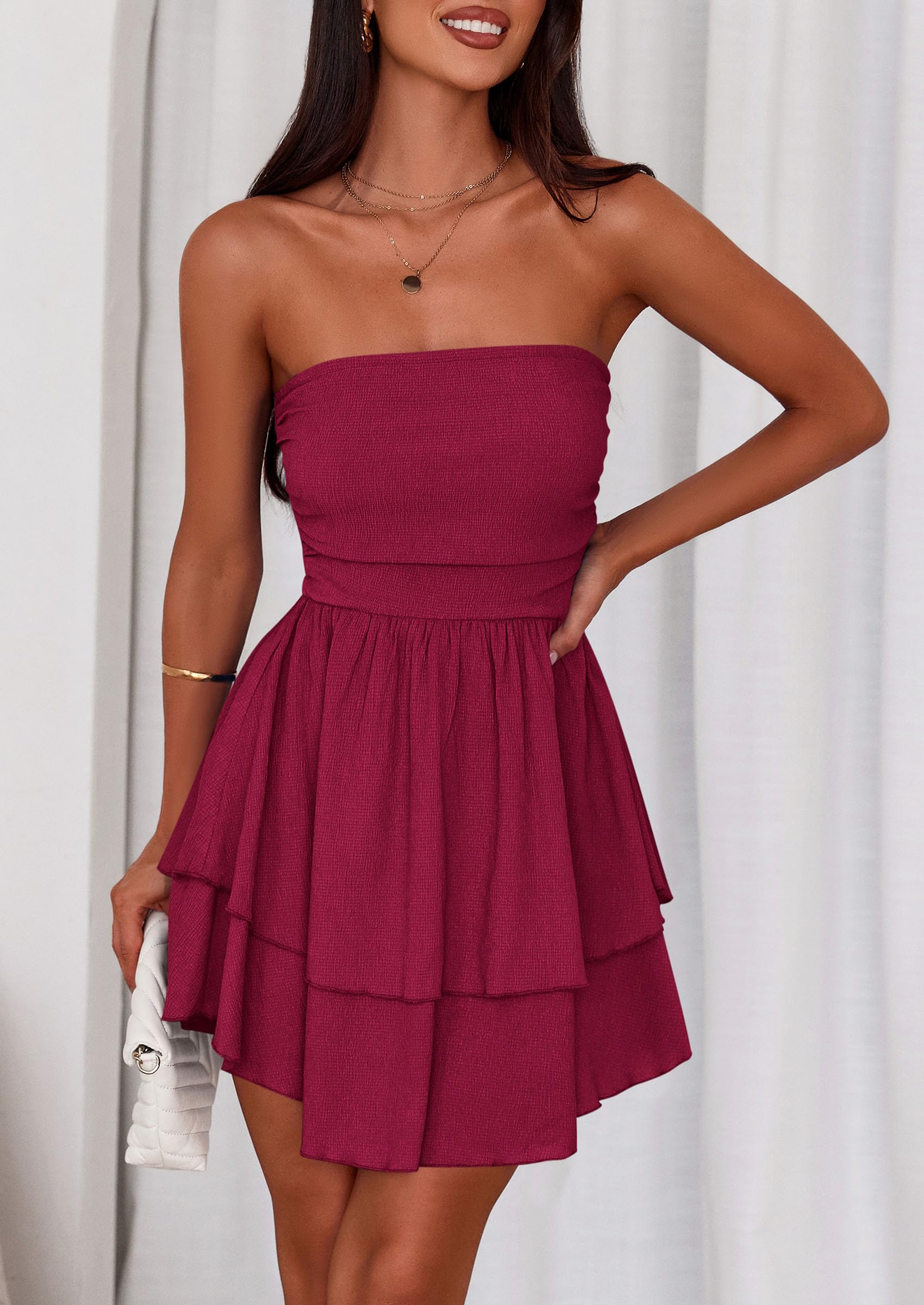 Women's Summer Strapless Flowy Mini Dresses (Burgundy,S)