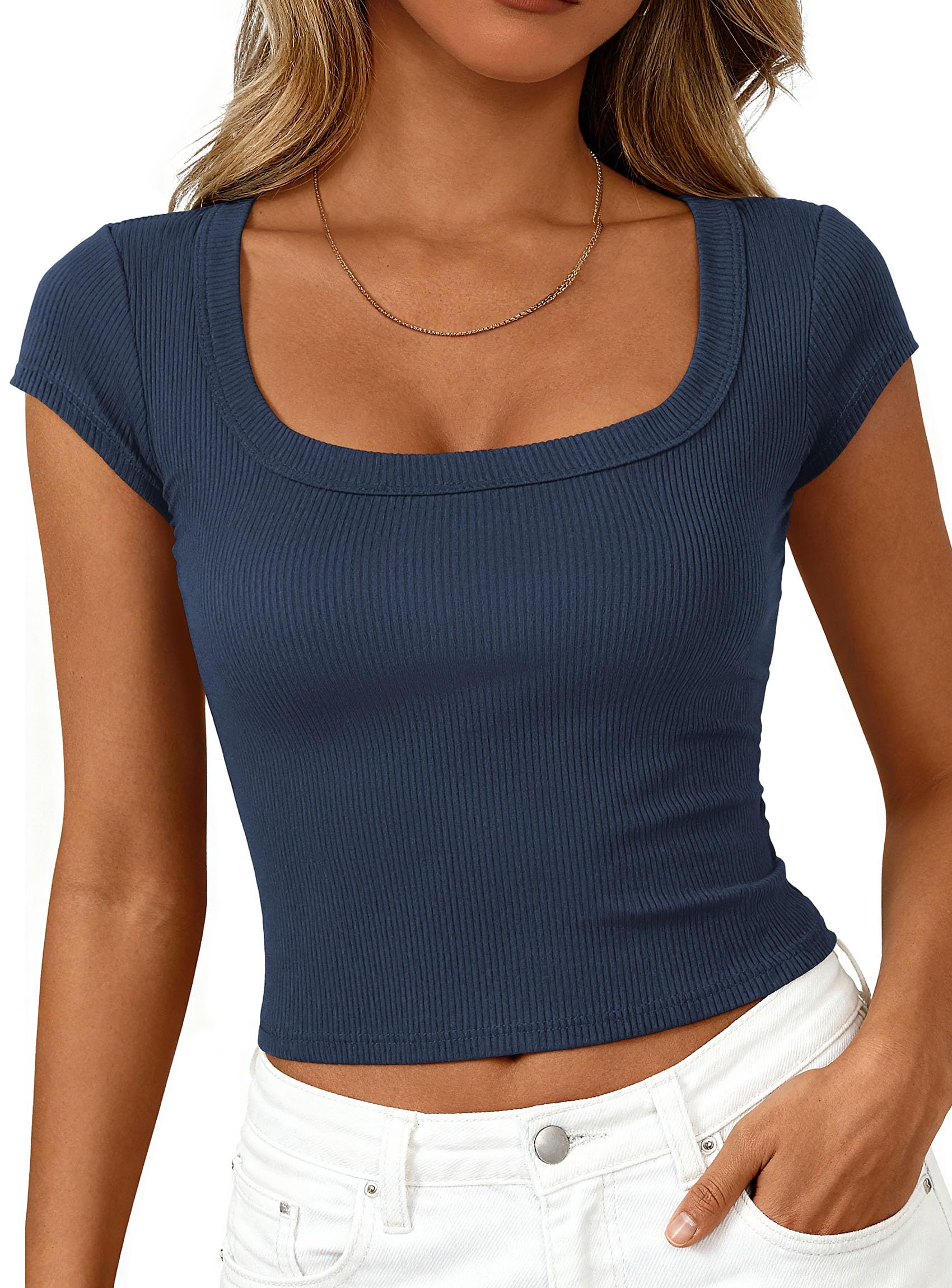 Short Sleeve Tops for Women Slim Fit T Shirts,Dark Blue,XS