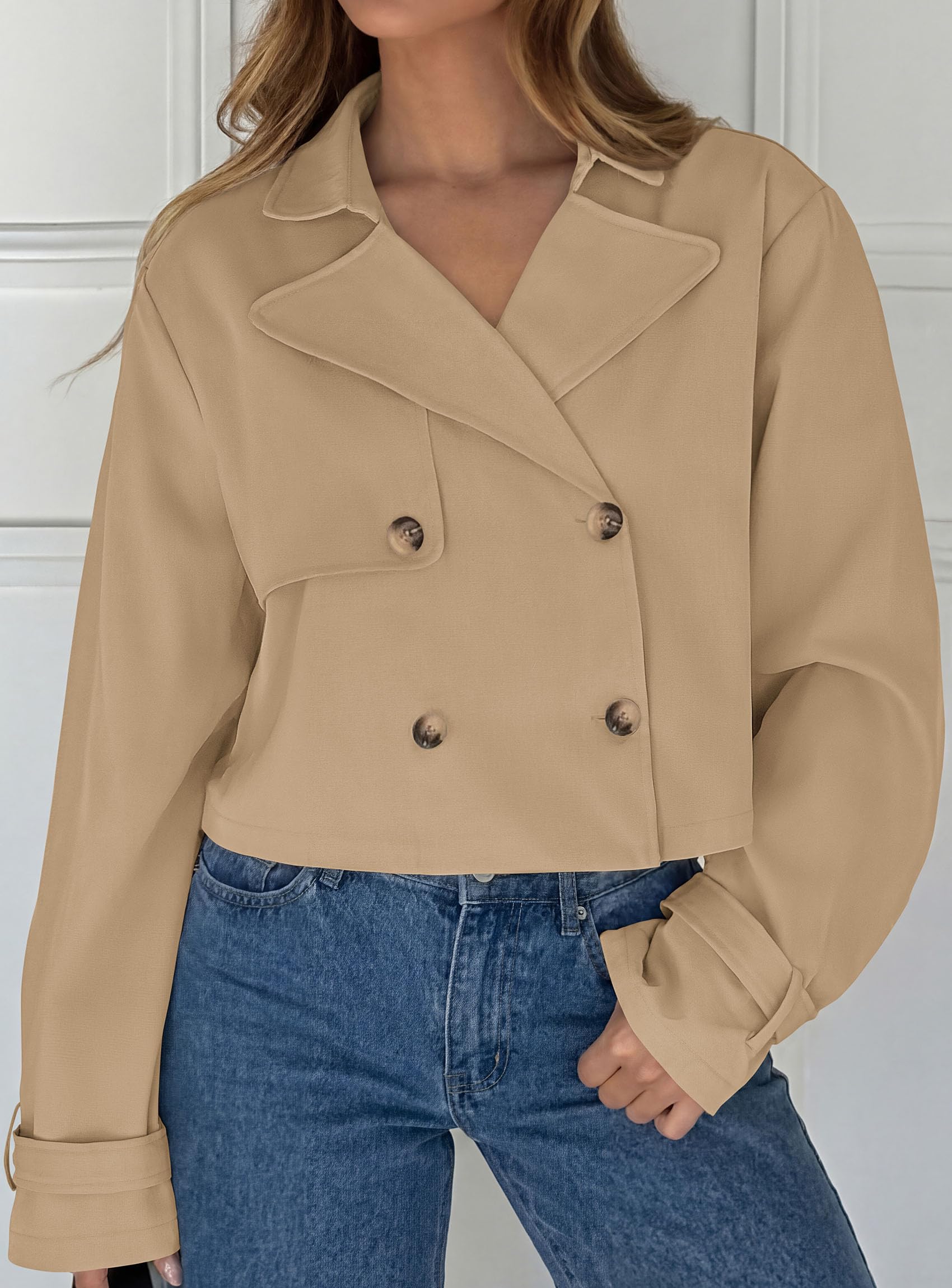 Cropped Trench Coat For Women Short Jacket,Khaki,S