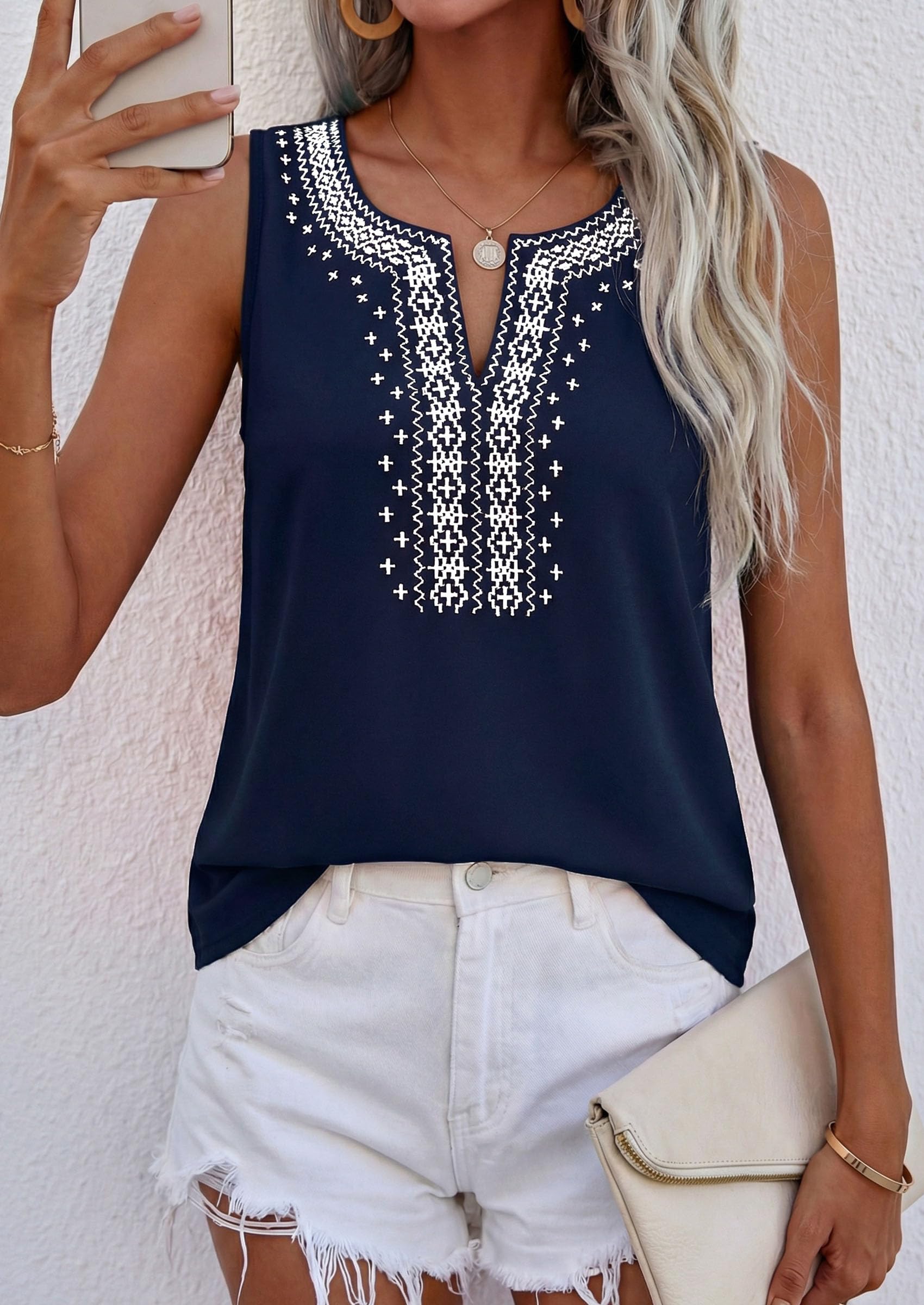 Womens Embroidered Sleeveless Tank Tops Navy,S