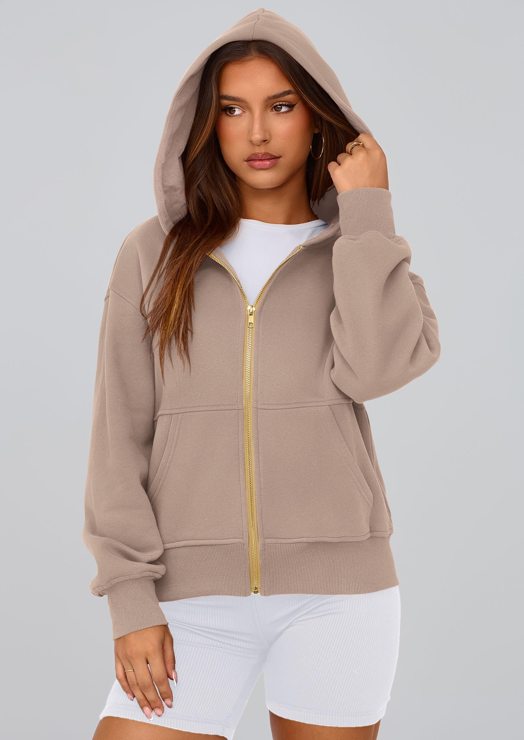 Hoodies for Women Fall Fashion Zip Up Fleece Plain Sweatshirt