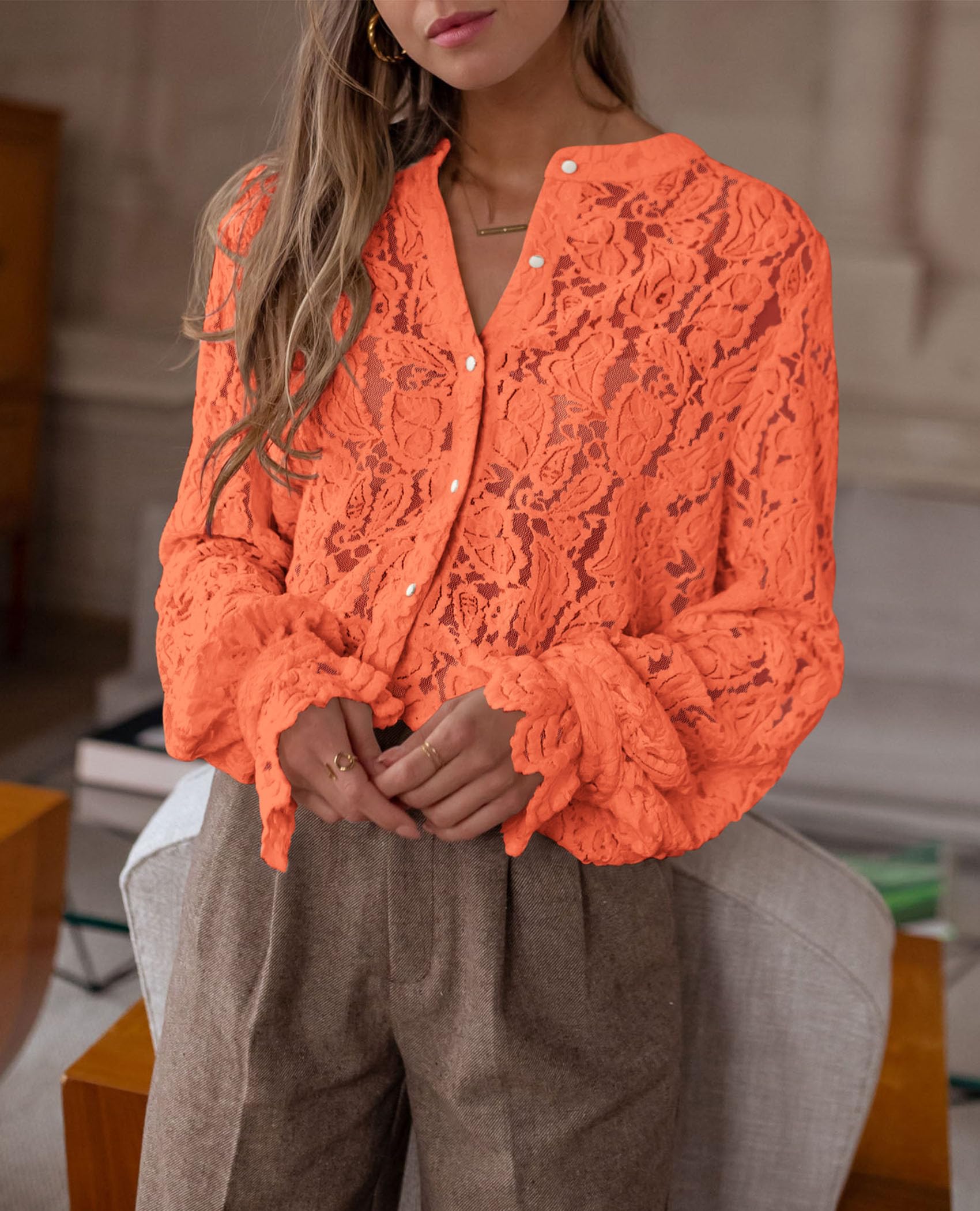 Women's Fall Trendy Long Sleeve Lace Tops(Orange,Small)